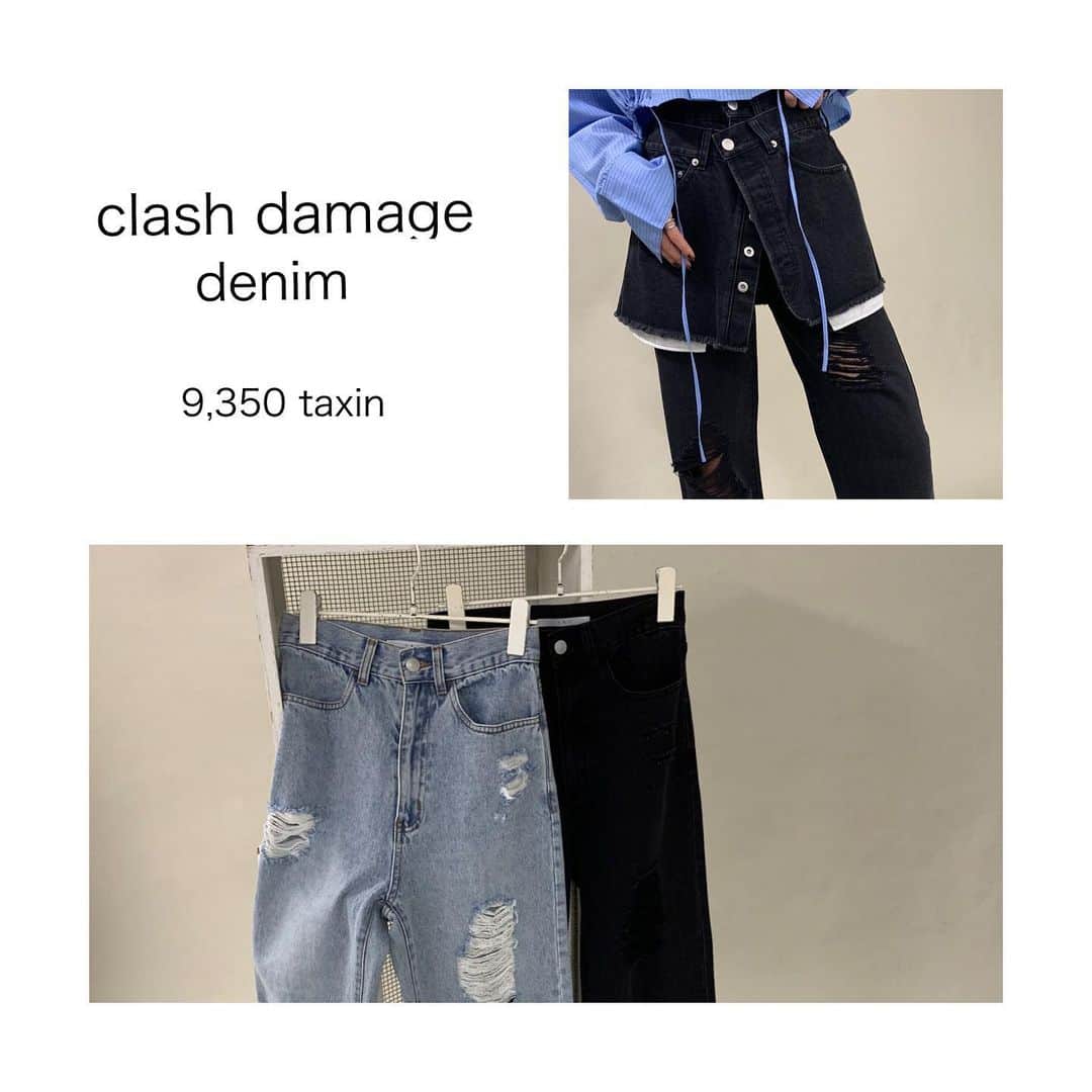 のインスタグラム：「_ new in🛍️  KB37-24V240 クラッシュダメージデニム  ¥9,350 taxin  L.BLUE\BLACK  size: 34,36,38」