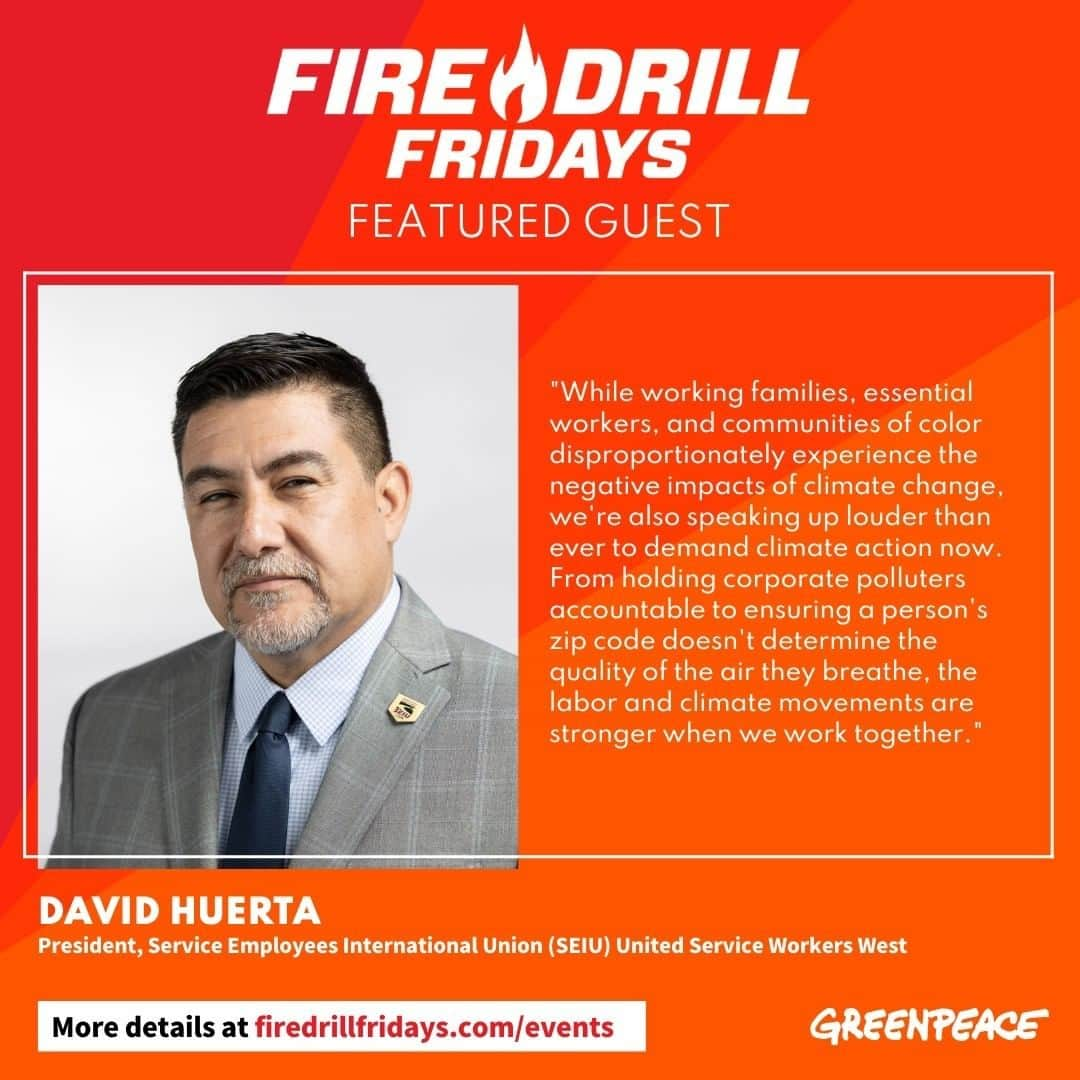 ジェーン・フォンダのインスタグラム：「repost @firedrillfriday   Are you joining us tomorrow, October 6 @ 11amPT/2pmET for Fire Drill Fridays?⁣ 🖥️⁣ Actor and activist, Jane Fonda, welcomes David Huerta and a special guest from United Auto Workers to discuss how workers today are engaged in historic fights for justice and why the labor and climate movements must come together to build bigger, stronger, collective movement power towards the just and equitable future we all deserve.⁣ 🖥️⁣ David Huerta is President of SEIU United Service Workers West, which represents more than 45,000 janitors, security officers, airport service workers, and other property service workers across California. A well-known labor leader, Huerta is dedicated to securing justice and inclusion for immigrant workers and their families; creating paths to power and union membership for millions more workers; and uplifting communities by strengthening networks of immigrant, economic, social, and environmental justice.⁣ 🖥️⁣ Tune in LIVE tomorrow, October 6 at 11amPT / 2pmET on firedrillfridays.com, the FDF Facebook page, Greenpeace USA Twitter, or Greenpeace USA YouTube. Have a question for Jane and our guests? Leave a comment. Sign up to join us at the link in our bio.⁣ 🖥️⁣ #FireDrillFridays #GreenpeaceUSA #Climate #ClimateCrisis #ClimateEmergency #Labor #Workers @janefonda @firedrillfriday @greenpeaceusa @seiu_usww」