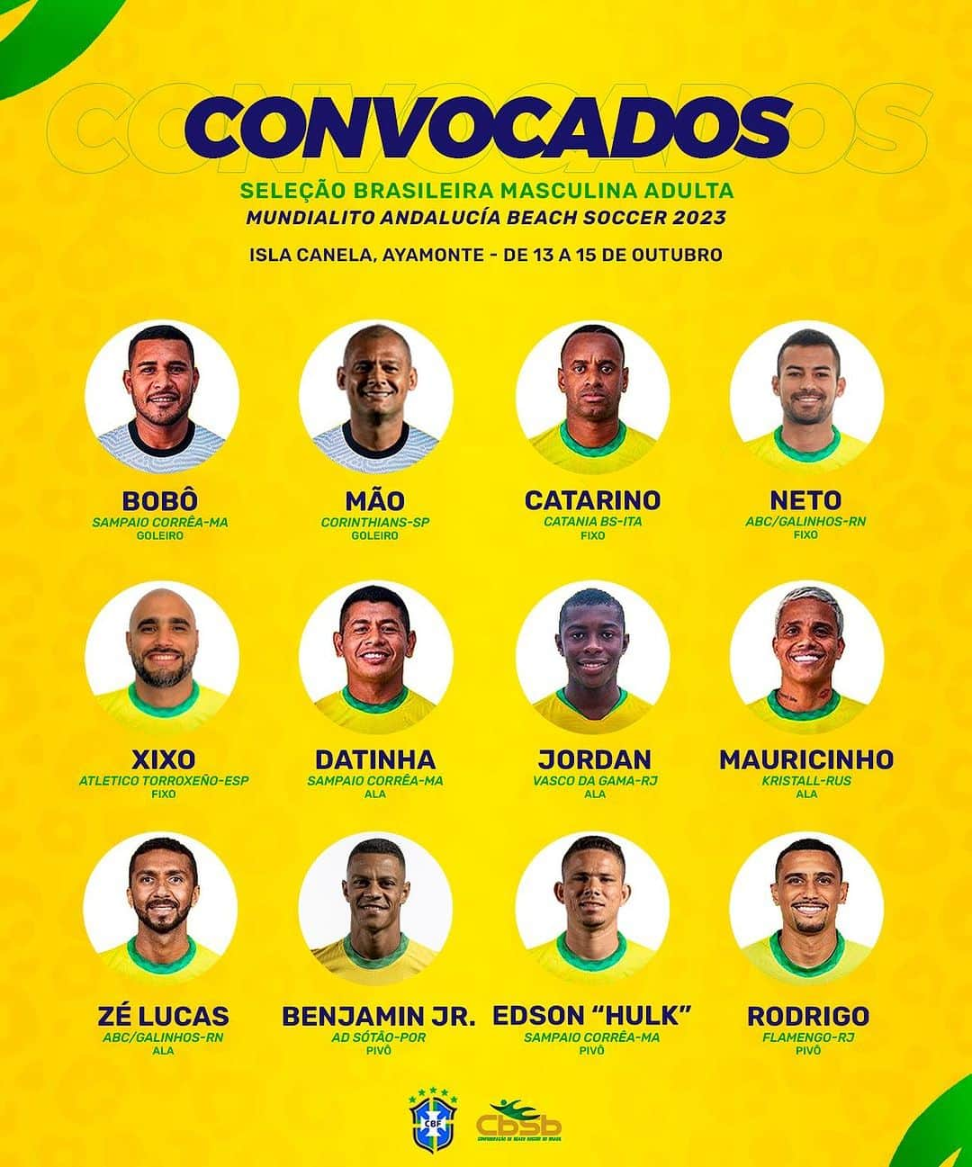 サッカー ブラジル代表チームさんのインスタグラム写真 - (サッカー ブラジル代表チームInstagram)「O técnico Marco Octavio convocou a seleção brasileira masculina de beach soccer para a disputa do Mundialito, em Andaluzia, na Espanha. 🇧🇷⚽️🏖️  A competição acontece entre os dias 13 e 15/10, com a presença de quatro seleções: Brasil, México, Emirados Árabes e Espanha.  Todos os jogos serão transmitidos ao vivo pelo site beachsoccertv.com. 📱💻📺  #cbsb #cbf #beachsoccer #brbeachsoccer #seleçãobrasileira #mundialito2023」10月6日 23時27分 - cbf_futebol