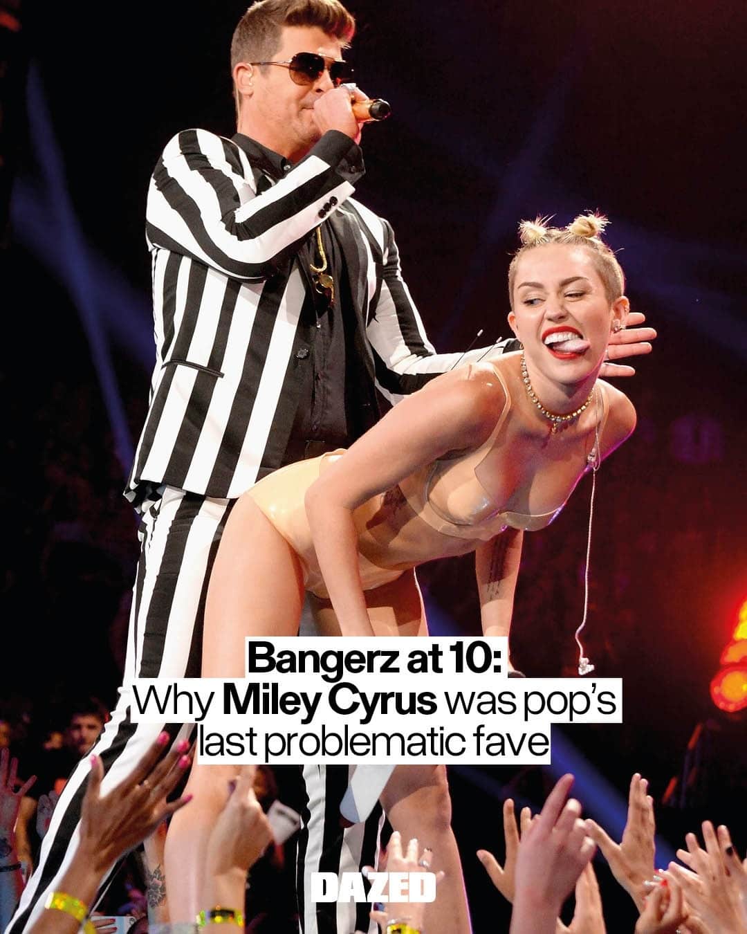 Dazed Magazineのインスタグラム：「If the last decade of pop music has shown us anything, it’s that @mileycyrus' Bangerz just may have been the last, truly problematic era of pop superstardom 😜⁠ ⁠ Upon its release ten years ago, Bangerz generated a slew of headlines, drawing controversy mainly for cultural appropriation, as well as some choice collaborations with Robin Thicke and Terry Richardson. ⁠ ⁠ But what makes the Bangerz era particularly memorable, is that the cultural conditions needed for the same thing to happen, in exactly the same way today, have changed forever.⁠ ⁠ Read the full deep-dive through the link in our bio 🔗⁠ ⁠ 📷 via Jeff Kravitz/FilmMagic for MTV⁠ ✍️ @elliothoste」