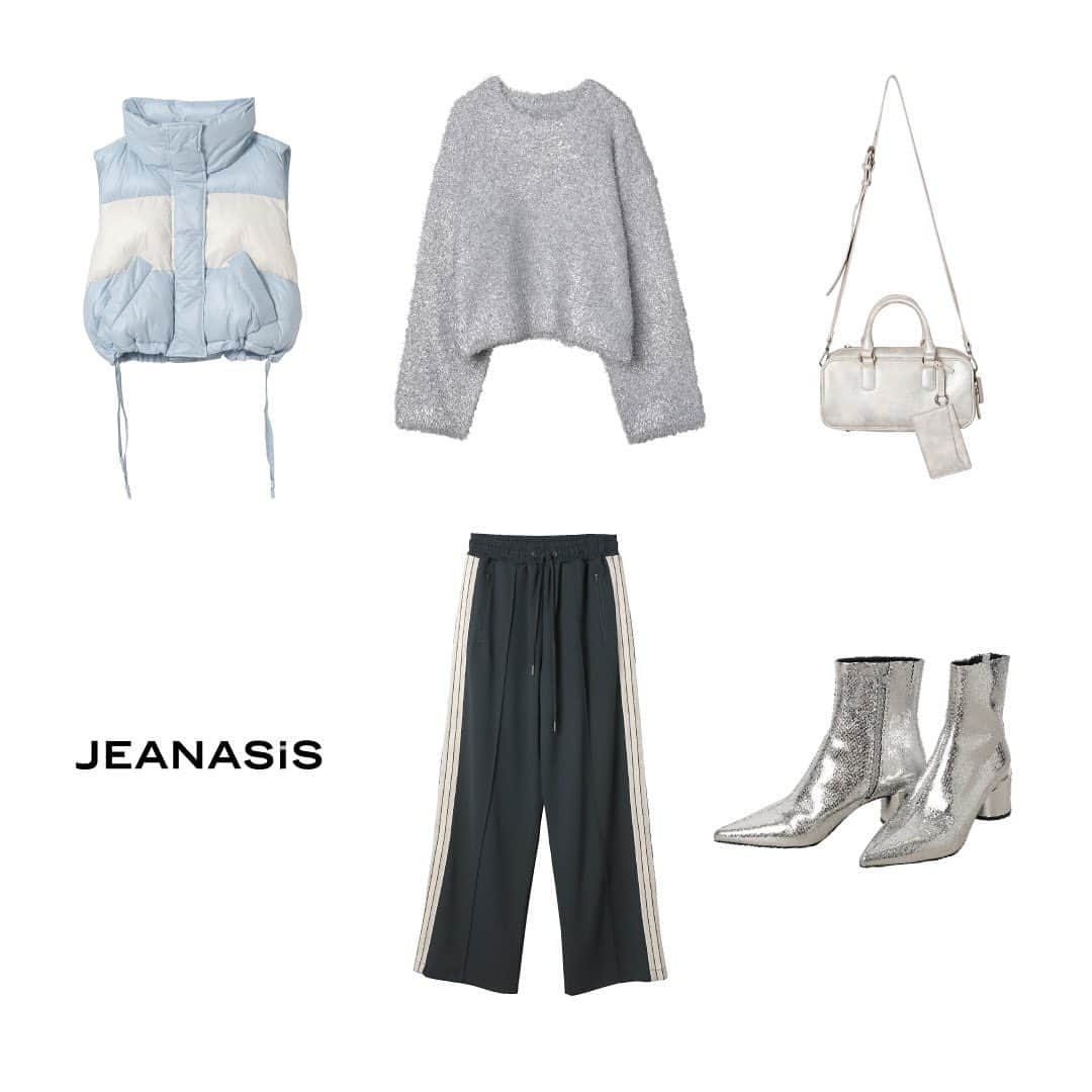 ジーナシスのインスタグラム：「❄️Recommend Style❄️ ✔️画面をタップしてチェック  【発売中】 ▼ショートベスト▼ #パファーショートベスト_JS  ▼ニット▼ #グリッターフィルムラメショートプルオーバー_JS  ▼ラインパンツ▼ #トラックジャージパンツ_JS  ▼ボストンバッグ▼ #ヴィンテージレザーライクボストンBAG_JS  ▼ブーツ▼ #ポインテッドショートブーツ_JS _____________________________________________  _____________________________________________ 商品詳細は製品タグ or TOPページURLよりチェック ▷▷▷ @jeanasis_offici 『#ジーナスタッフスタイリング』をフォロー🤝 ▷▷▷全国のスタッフによるスタイリングを毎日更新中！ _____________________________________________  #JEANASIS #ジーナシス #ジーナシスト #ootd #fashion #tokyo #2023AW #大人カジュアル #大人シンプル #ニット #ニットコーデ #ベスト #ベストコーデ」