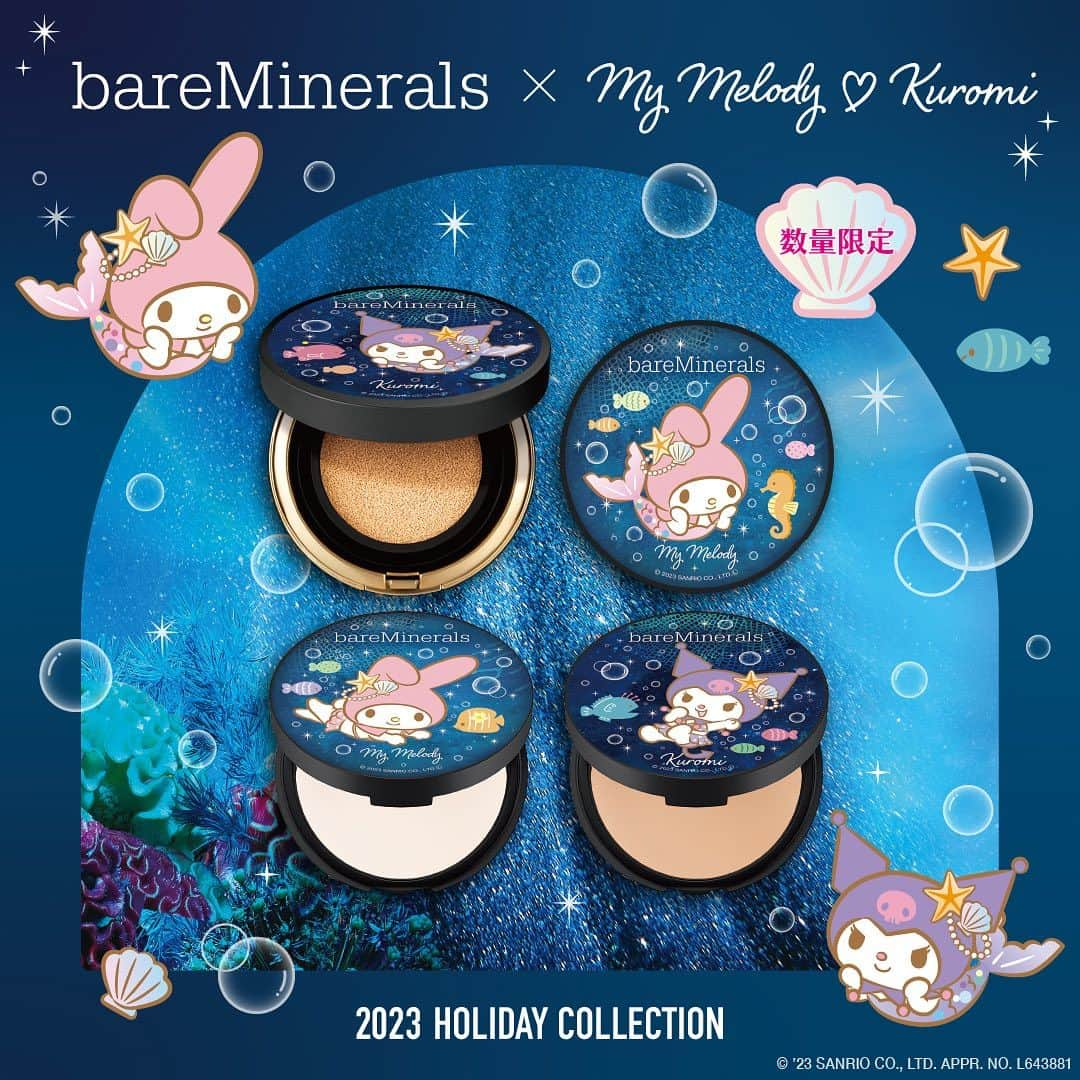 bareMinerals JPさんのインスタグラム写真 - (bareMinerals JPInstagram)「＼『bareMinerals 2023 CLEAN BEAUTY CAMPAIGN』第二弾のお知らせ／  第一弾では肌と地球に寄り添うベアミネラルのクリーンビューティーと「マイメロディ」のコラボレーションによるクリーンビューティーキャンペーン2023を実施。  第二弾はベアミネラルの大人気アイテムにマイメロディと自称ライバルのクロミも加わり、2つのスペシャルデザインが数量限定で登場❣️  今年のホリデーテーマ“BARE OCEAN”の神秘的な世界観の中でマイメロディとクロミがユニークなファンタジーを展開します。  アイテムは発売から大人気「オリジナル ピュア セラム カバーアップ クッション」、 ベストコスメ賞多数受賞「ベアプロ 16HR パウダー ファンデーション（3色のみ）」、 ミネラルのベールで肌を守る「オリジナル ミネラルベール プレスト パウダー（1色のみ）」。 全国のベアミネラルカウンターでは、 10/18から予約開始いたします。 ぜひ、お楽しみに！🎀✨  ＊各公式ECサイトの予約開始時期はプラットフォームによって異なります。 ＊数量限定、なくなり次第終了となります。  #つけないよりも肌に良い #ベアミネラル #クリーンビューティー #ビーガンコスメ #ヴィーガンコスメ #ナチュラルコスメ #サステナブルビューティー#スキンケア #メイクアップ #オリジナルピュアセラムカバーアップクッション #ベアプロ #ミネラルベール #bareminerals #barebeauties #vegancosmetic #sustainnablebeauty #makeup #skincare #メイク下地 #ベースメイク #サンリオコラボ #マイメロディ #mymelody #クロミ #kuromi」10月6日 17時28分 - bareminerals_jp