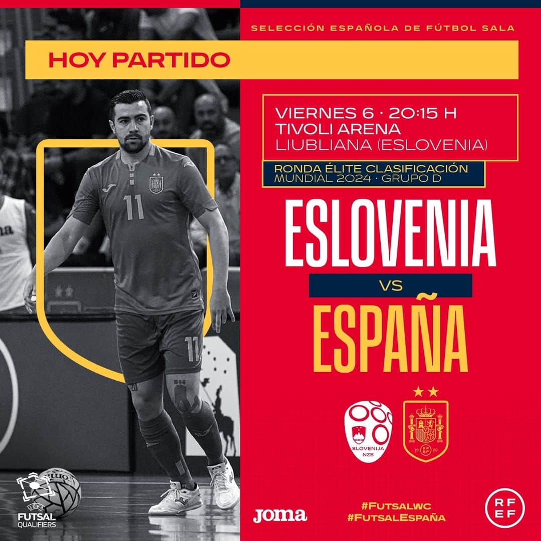 サッカー スペイン代表チームさんのインスタグラム写真 - (サッカー スペイン代表チームInstagram)「🚨 ¡¡¡𝗛𝗢𝗬 𝗝𝗨𝗚𝗔𝗠𝗢𝗦!!!  🏆 Ronda Élite Clasificación Mundial 2024 🆚 Eslovenia 🇸🇮 📍 Liubliana 🏟️ Tivoli Arena ⏰ 20:15 horas 📺 @teledeportertve   ✍️ PREVIA: https://bit.ly/PreviaEslovenia0610  #FutsalEspaña #FutsalWC」10月6日 17時38分 - sefutbol