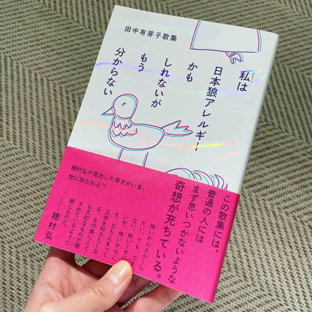 南沢奈央のインスタグラム：「#南沢奈央の読書日記  手に持って、いろんな場所でいろんな角度から見てみたくなる素敵な表紙。 と同様に、物事をいろんな角度から見て、いろんな言葉にしてみたくなるような、そんな歌集でした。  #田中有芽子 さんの#私は日本狼アレルギーかもしれないがもう分からない   あいうえお順に並べられた短歌たち。 〈アイウエア眼鏡のことをアイウエア大きな声で音読しよう〉 この冒頭の一首で一気に心掴まれました。 ↓ そんな読書日記は、本の総合情報サイトBookbangにて更新✍️」