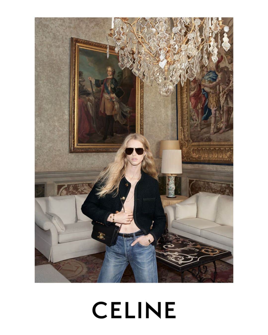 Celineのインスタグラム：「LA COLLECTION DES GRANDS CLASSIQUES CELINE SESSION 07  CELINE TEEN TRIOMPHE BAG  CELINE CLASSIC CHASSEUR JACKET   CELINE METAL FRAME SUNGLASSES  COLLECTION AVAILABLE NOW IN STORES AND ON CELINE.COM  PORTRAIT OF LOUIS XV  VAN LOO  ABBY @HEDISLIMANE PHOTOGRAPHY AND STYLING ROME SEPTEMBER 2023  PALAZZO FARNESE   CELINE’S LATEST WOMEN’S CAMPAIGN FOR LA COLLECTION DES GRANDS CLASSIQUES HAS BEEN PHOTOGRAPHED BY HEDI SLIMANE IN ROME IN SEPTEMBER 2023 AT PALAZZO FARNESE.   FOR THE FIRST TIME EVER, A COUTURE HOUSE HAS GAINED ACCESS TO THE PALACE.  PALAZZO FARNESE, A RENOWNED ROMAN PALACE, DESIGNED BY ANTONIO DA SANGALLO IL GIOVANE, BUILT IN THE 16TH CENTURY AND COMPLETED BY MICHELANGELO, IS AN EXAMPLE OF HIGH RENAISSANCE ARCHITECTURE.  HOME TO NUMEROUS MASTERPIECES COMBINING PAINTINGS, SCULPTURES AND ARCHITECTURE; GALLERIES ARE DECORATED WITH FRESCOS INCLUDING THE MONUMENTAL FRESCO CYCLE BY ANNIBALE CARRACCI, WALLS ARE EMBELLISHED WITH TAPESTRIES AMONGST DECORATED SARCOPHAGUSES AND ROMAN SCULPTURES.  THE PALACE HAS BEEN THE FRENCH EMBASSY’S RESIDENCE IN ITALY SINCE 1874.  #CELINEBYHEDISLIMANE」