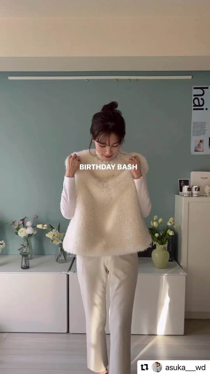のインスタグラム：「かわいい♡いつもthank you♡♡♡ #Repost @asuka___wd with @use.repost ・・・ もふもふベスト着てみた🐏🤍  @birthdaybashshop で人気すぎて 販売から数時間で完売してしまった ファーベスト🤍🤍🤍  私は最初買い逃してしまい、 2回目の受注でGETしました！ (受注再開しているので今ならまだGETできるよー)  もっふもふでボリューミーなのが可愛い🤍 リールでは 白・黒・グレーあわせと、 そのまま半袖で着てみました！ どの色でもあわせやすい🩶  冬物でのBBコーデもこれから たくさん更新していきます☺️」