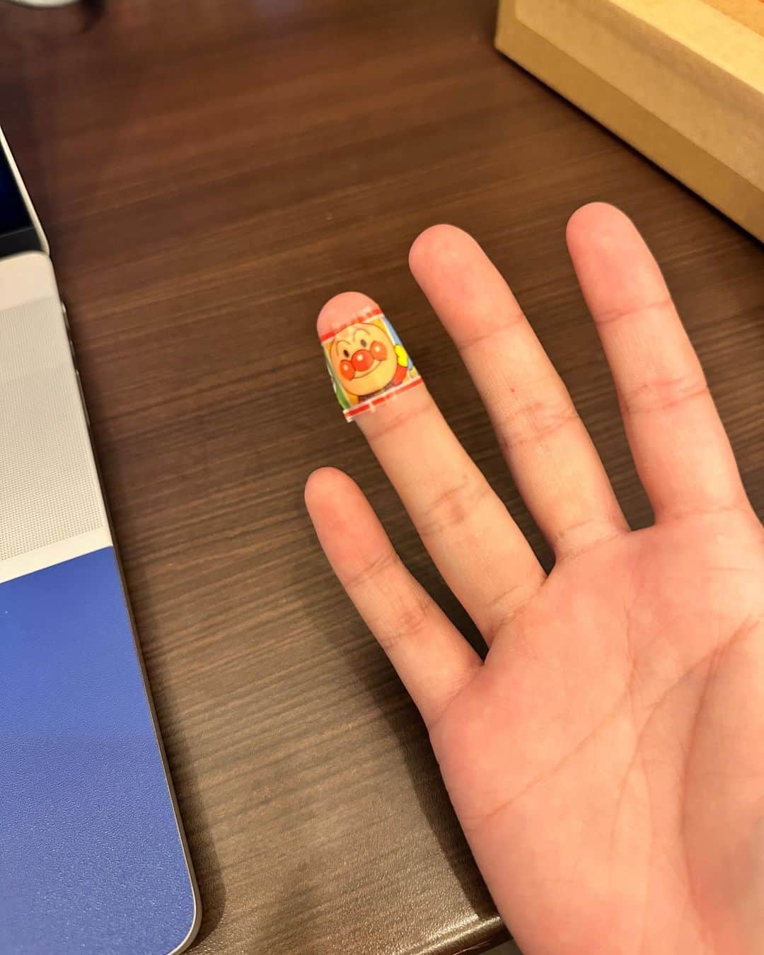 のインスタグラム：「ゲーム部屋で機材の設置したら強力マグネットに指挟んで指紋抉られたんだけど、友達のちびっこたちがもしも怪我した時用の臨時絆創膏しかなかった。」