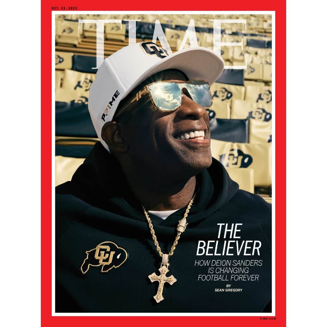 TIME Magazineのインスタグラム：「“Everything about us is designed and built to go forward,” says Deion Sanders. “I’ve never been a rock, an idle person. I’ve always been a mover and a shaker, a wave maker and a go-getter.”  And since arriving as head coach at Colorado in December, Coach Prime is already changing football as we know it.  Colorado’s game against Oregon, a 42-6 blowout victory for the Ducks, drew 10.03 million viewers, making it one of the most-watched college-football games of the year. The school’s online team-store merchandise sales are up 892% year-to-date over 2022, and chancellor Philip DiStefano says out-of-state applications have climbed 40%.  At the link in bio, learn how Sanders is changing football forever.  Photograph by Joshua Kissi (@joshuakissi) for TIME」