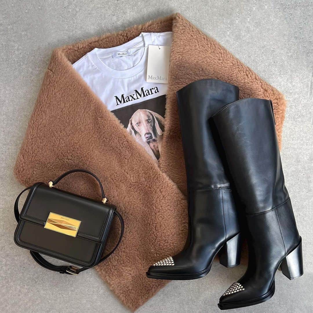 mi01ki24のインスタグラム：「@maxmara  夏に使えたコットンTシャツ🐶 秋バージョン追加🫶 * わんこが着てるテディ欲しいな🤎 * t-shirt… @maxmara  stole… @rnyroom21   bag/boots… @jimmychoo」