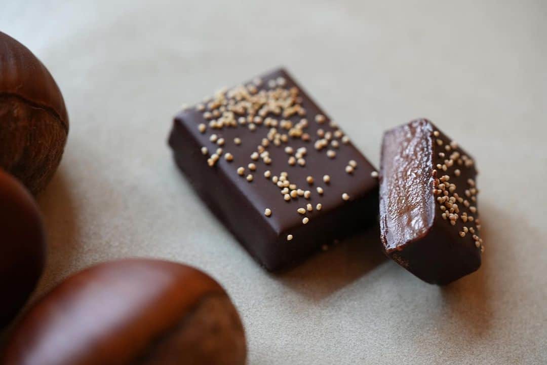 green bean to bar CHOCOLATEのインスタグラム：「10/7(土）より、新作ボンボンショコラ「栗」を含む、季節限定のボンボンショコラ4個入りを発売します。  ボンボンショコラ「栗」 パロブランコのミルクチョコレートと和栗のペーストを合わせ、優しく上品な甘さがほっくりと広がる栗のガナッシュ。薄くコーティングしたビーントゥバーチョコレートが、栗のガナッシュをやさしく包み込み、香りを引き立てます。  今回は、フルーティでコクのあるプレーンガナッシュの「ナティーボ」、ごまとアーモンドを一緒にキャラメリゼしたプラリネの「ゴマ」、国産生姜の手作りジャムとレモン蜂蜜のガナッシュの「ハニージンジャー」と組み合わせ、食べ比べが楽しい4個入りセットをご用意しました。  ◾️SEASONAL LIMITED　　　ボンボンショコラ -栗- 4個入り（栗・ナティーボ・黒ゴマ・ハニージンジャー） ￥1,944（税込） 全店とオンラインショップにて発売。  #greenbeantobarchocolate #グリーンビーントゥバーチョコレート #ボンボンショコラ #ボンボンチョコレート #期間限定 #栗のボンボンショコラ」