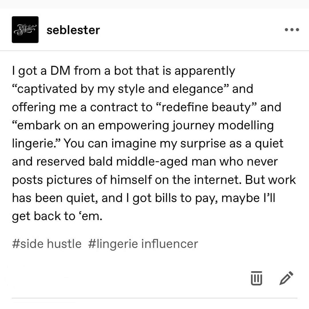 Seb Lesterのインスタグラム：「I have to say, it was nice to be asked. #SideHustle #LingerieInfluencer」