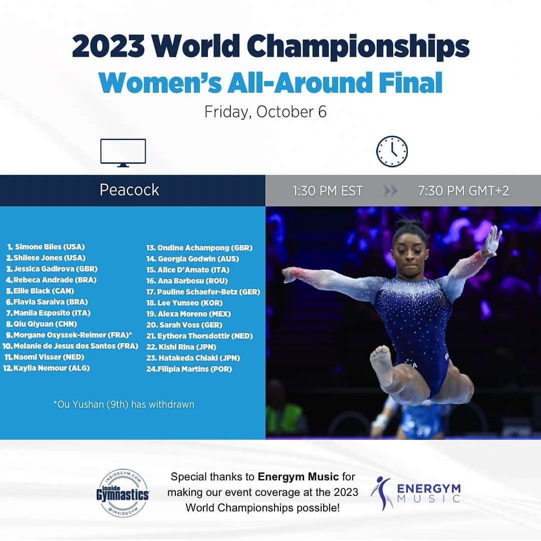 Inside Gymnasticsさんのインスタグラム写真 - (Inside GymnasticsInstagram)「Up next: The Women’s All-Around Final! Simone Biles goes for her 6th World All-Around title at 1:30 pm ET on Peacock!  Special thanks to @energymmusic for making our event coverage possible!」10月6日 20時45分 - insidegym