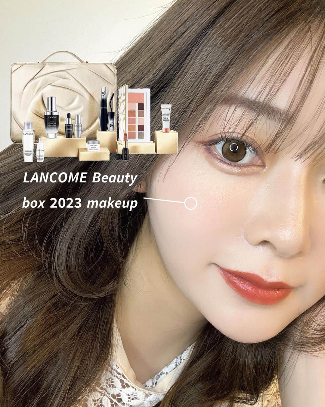 長岡真由（まゆちむ）のインスタグラム：「𝙇𝘼𝙉𝘾𝙊𝙈𝙀 𝘽𝙚𝙖𝙪𝙩𝙮 𝙗𝙤𝙭 𝟮𝟬𝟮𝟯 10/13(金)に発売されます🫶🏻🤍  だっっいすきなジェニフィックアドバンストの美容液が 現品で入ってて、他にもスキンケアから メイクアップが出来ちゃうBOXです🎁  美容液は肌の常在菌である「美肌菌」から 発想を得た美容液なのです❣️ 肌の潤いがチャージされて、ハリと弾力感が出るので大好き🥹  アイシャドウパレットが 使いやすいカラーばかりでツヤ系が多く ナチュラルに仕上がるし、めちゃくちゃかわいい！ このアイシャドウパレットで仕上げて リップとチークも相性抜群🫶🏻❤️ 1枚目の写真は⬆️でメイクした写真🥰  クリスマスシーズン🎅たのしみ〜🎄.*  #ランコム #ビューティーボックス #クリスマスコフレ#pr #Lancomeskincare #lancomemakeup」