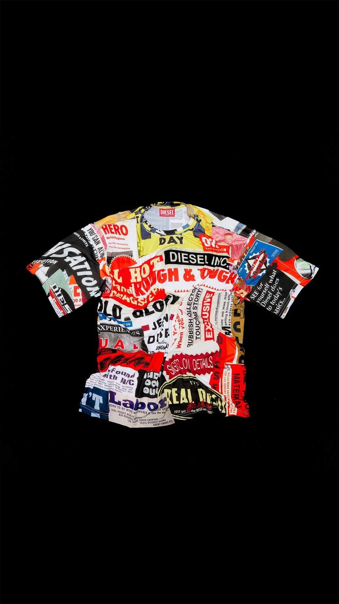 ディーゼルのインスタグラム：「Introducing Diesel’s special limited edition 45th Anniversary T-shirt.    To celebrate 45 years of Diesel, a special anniversary T-shirt features an all-over collage print of memorable archive and campaign images and taglines from the past 4.5 decades. On the back “I AM DIESEL special edition 45th Anniversary 2023” is printed. Available worldwide, in Europe and North America exclusively for the House of Diesel Members during House of Diesel Week.    Tap to shop and discover more at the link in bio.   #ForSuccesfulLiving」