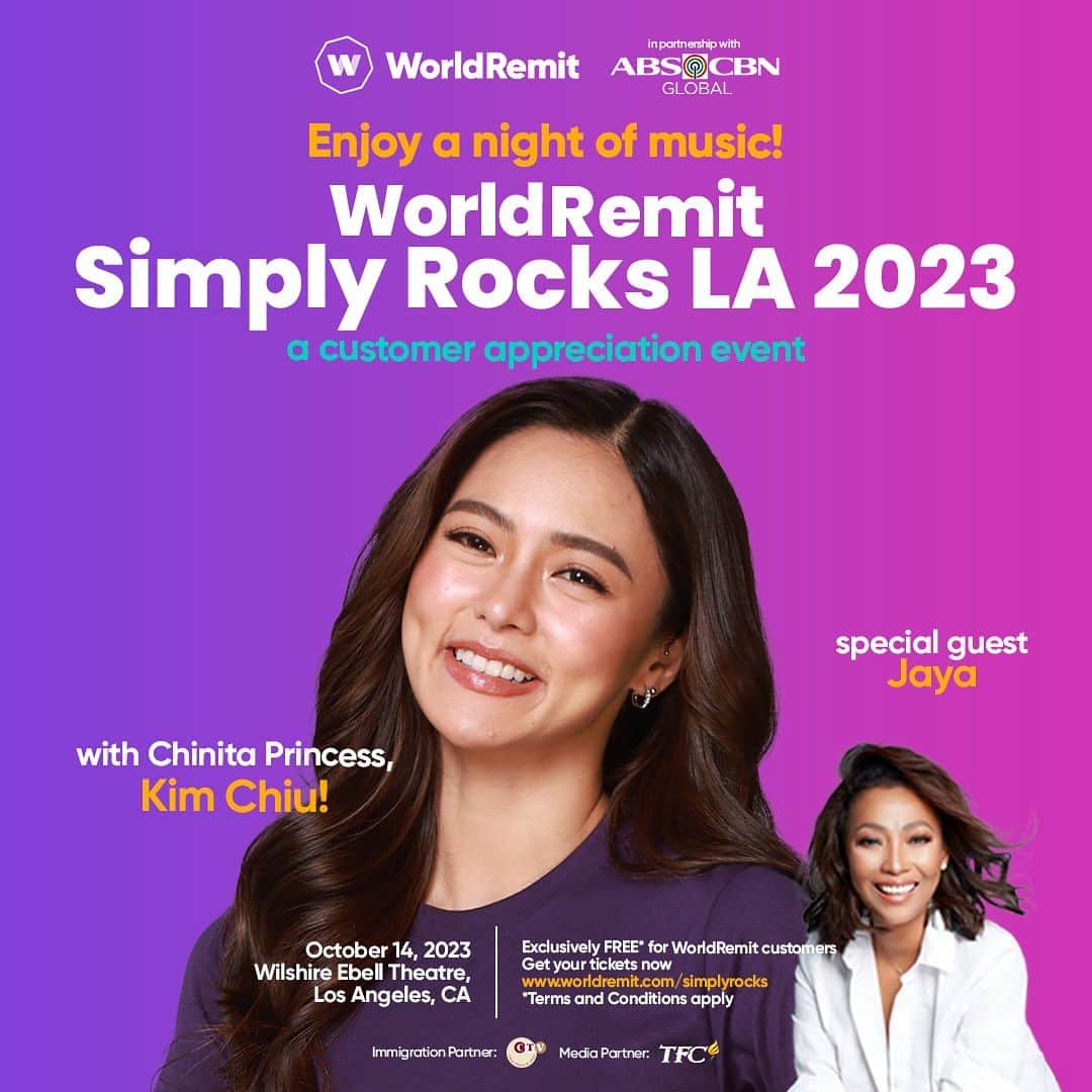 Kim Chiuのインスタグラム：「Hello mga Kapamilya in LA and to all US WorldRemit customers! 🌟 Magkita-kita po tayo on October 14th at 7PM, Wilshire Ebell Theater, LA, kasama po si Ms Jaya and Cheena Crab. This is FREE for WorldRemit loyal customers. Claim your free tickets at  www.worldremit.com/simplyrocks  and let's get ready to rock together! 😉💜 See you!!!!😁 @worldremit」