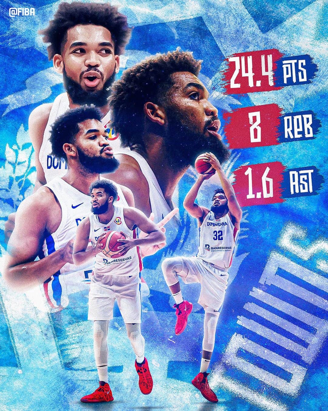 のインスタグラム：「Karl-Anthony Towns delivered for his Dominicana with pride 🇩🇴  He finished the #FIBAWC with 24.4 PTS, 8 REB, 1.6 AST & 1 BLK 🔥」