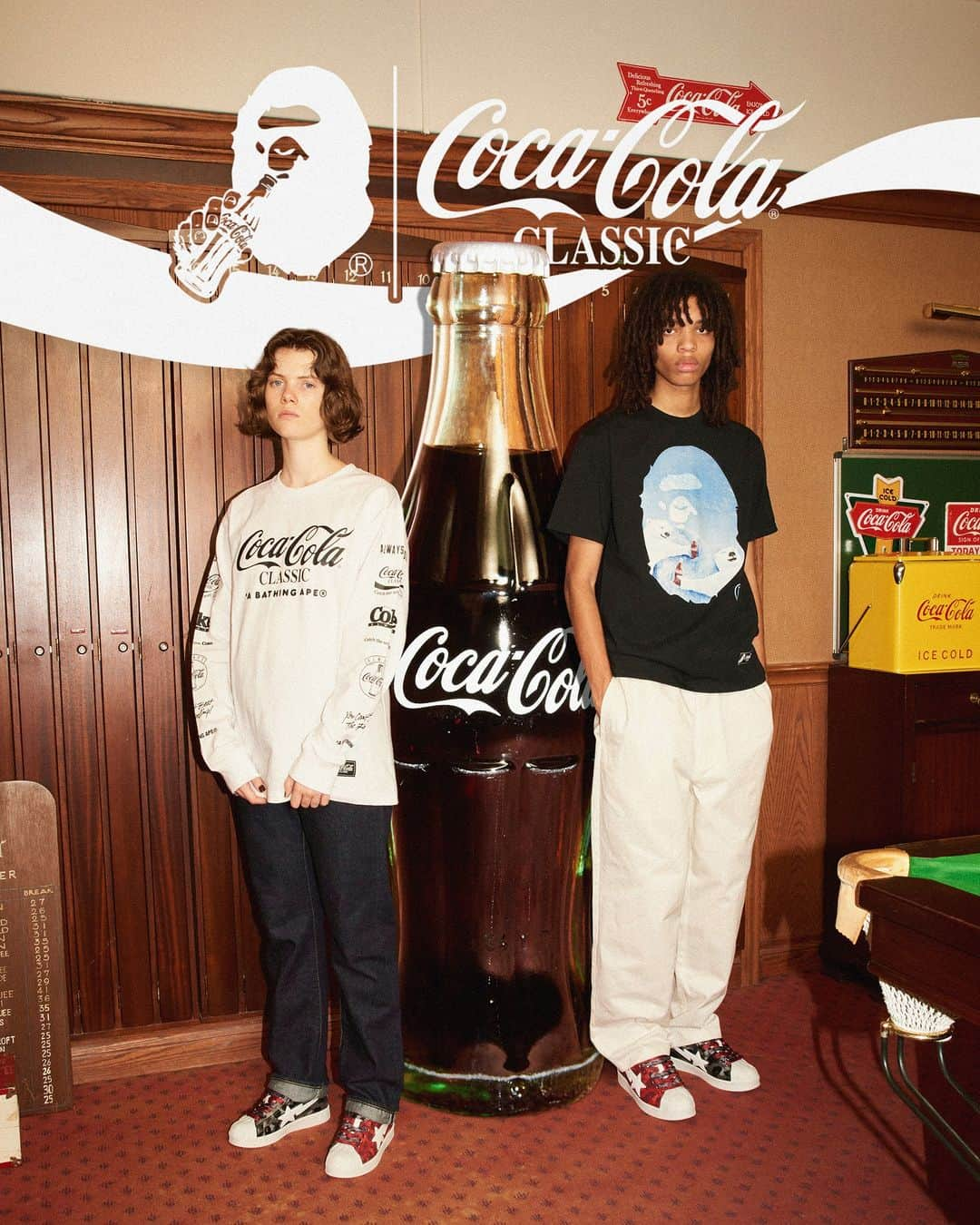 ア ベイシング エイプさんのインスタグラム写真 - (ア ベイシング エイプInstagram)「A BATHING APE® and Coca-Cola® are collaborating on a new collection that will be available at A BATHING APE® authorized stores and BAPE.COM on Saturday, October 7th.   The unique graphic of APE HEAD holding a bottle of Coca-Cola in one hand symbolizes the partnership between the two brands, as does the graphic that projects the world of the Coca-Cola Polar Bear through APE HEAD and the Polar Bear transformed into MILO.   ©2023 The Coca-Cola Company. All Rights Reserved.    @cocacola   #abathingape #bape #CocaCola」10月6日 22時00分 - bape_japan