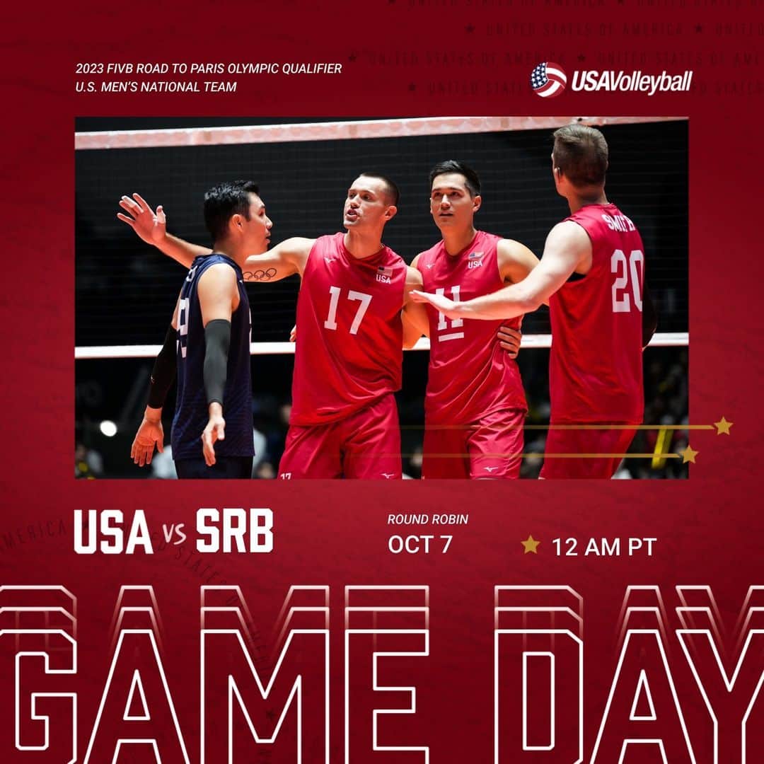 USA Volleyballさんのインスタグラム写真 - (USA VolleyballInstagram)「The quest for an Olympic bid continues. Up next, Serbia!  The U.S. Men defend their undefeated record at 12 a.m. PT on Saturday at the FIVB Road to Paris Olympic Qualifier in Tokyo.  Watch live or on demand at VolleyballWorld.tv」10月7日 8時53分 - usavolleyball