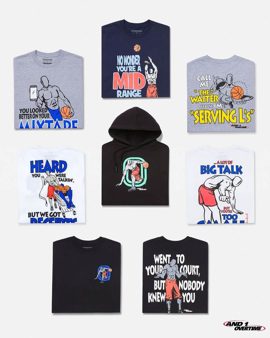 アンドワンのインスタグラム：「AVAILABLE NOW 🚨 To celebrate the 30th anniversary of AND1, we wanted to remake the iconic Trash Talk Tees for y'all 🔥 Together we gave new life to such a staple piece in our culture by perfectly blending the vintage, legacy artwork with our modern, refreshed trash talk 😤 So don't take an L on this drop and snag yours now ✅」