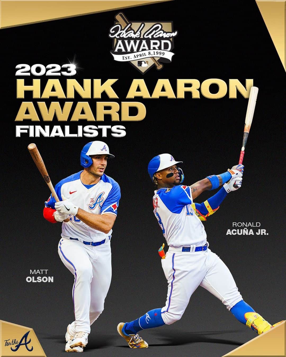 アトランタ・ブレーブスのインスタグラム：「@ronaldacunajr13 and @matt_olson21 have been named finalists for the 2023 Hank Aaron Award!  Fans can vote NOW through Oct. 13: MLB.com/Aaron」