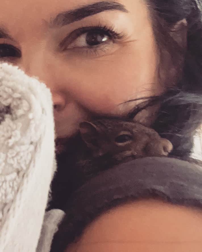 アンジー・ハーモンのインスタグラム：「Squirrel Snuggles… Happy FRIYAY!!! 🥰🥰  #blessed #grateful #squirrel #mom #love  ❤️🐿️💝🌰❤️」