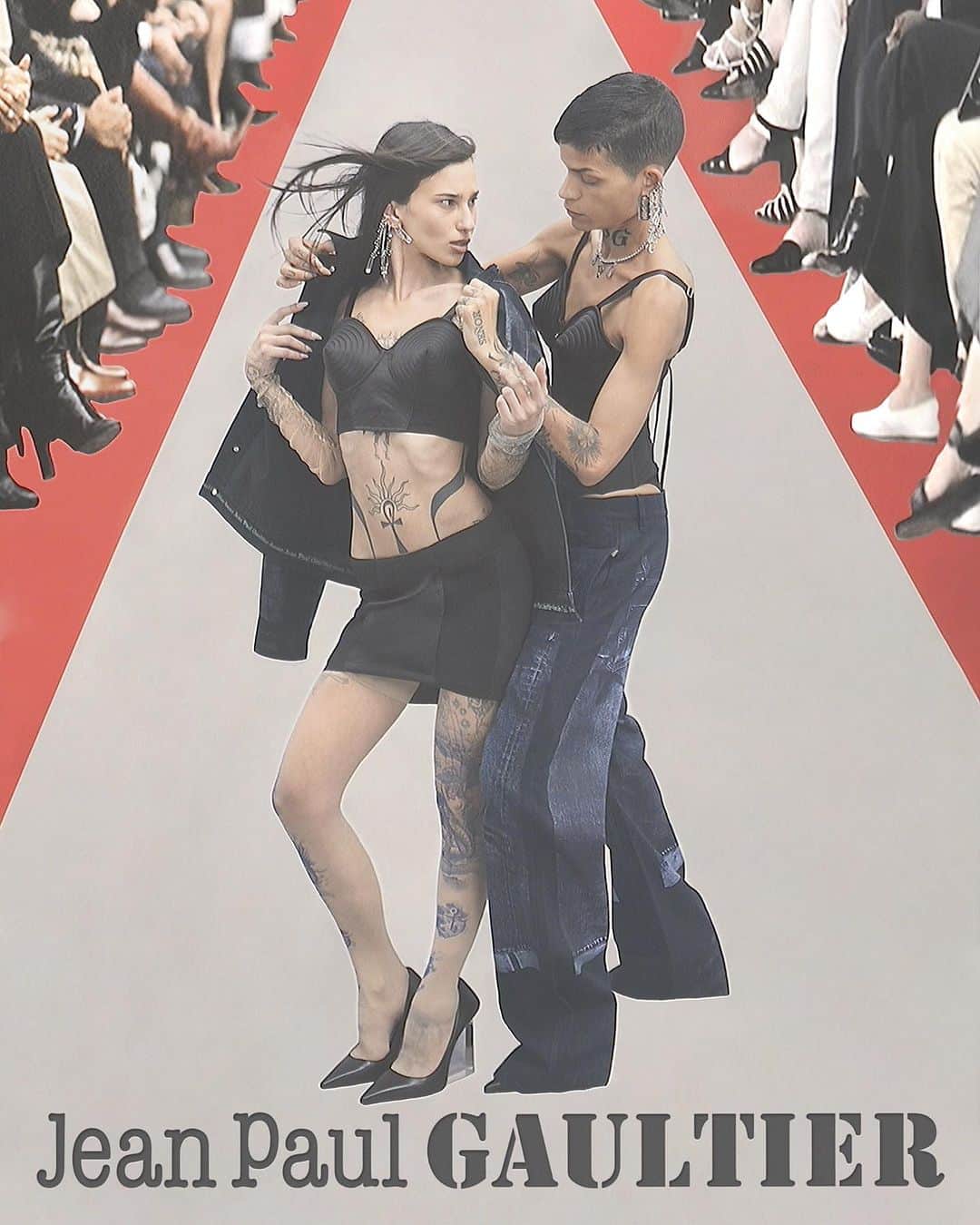 ジャンポール・ゴルチエのインスタグラム：「@omahyramotaofficial now and then. First pic from our recent Tattoo campaign and second pic from the runway for the Jean Paul Gaultier Fall/Winter 2002 Haute Couture show 🖤  #jeanpaulgaultier #jpgfashion」