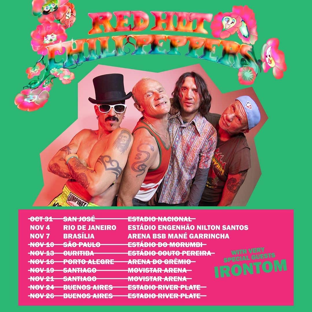 Red Hot Chili Peppersのインスタグラム：「We are counting down the days 🇨🇷🇧🇷🇨🇱🇦🇷  Limited tickets available at redhotchilipeppers.com」