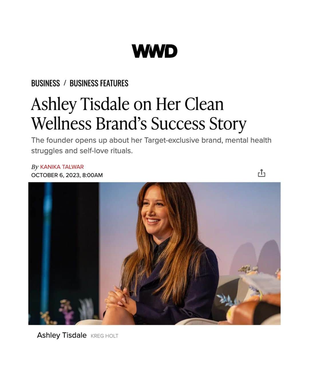 アシュレイ・ティスデイルのインスタグラム：「I got to speak at the @WWD Beauty & Wellness Forum with the incredible @corimurray last week. It was such a proud moment to be able to share my mental health journey that inspired @beingfrenshe, and even more special to share some of your stories and experiences with the brand. Being Frenshe is all about community and connection and we truly wouldn’t be able to do it without you guys.   Thank you @kanikatalwar for such an amazing write up! And thank you to our Being Frenshe community. Head to my link in bio to read the full story 🤍」