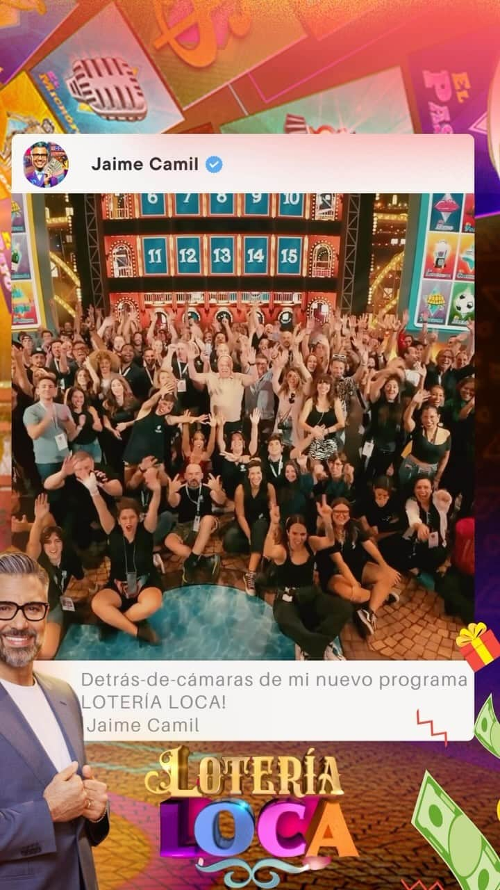 ハイメ・カミールのインスタグラム：「🌟🥳📹📺 @YouTube VIDEO! Detrás-de-cámaras de mi nuevo programa #LoteríaLoca 🥳🙌🏽💵 Acompáñanos todos los Lunes a las 9pm|8c por @cbstv / Behind-the-scenes of my new game show #LoteríaLoca 🥳🙌🏽💵 Watch it every Monday, 9pm|8c on #CBS https://youtu.be/10ueiQfZqW8」