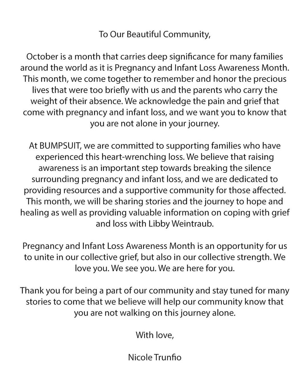 ニコール・トルンフィオのインスタグラム：「Holding space for all the mamas who have experienced this loss ✨🕊️  We are so honored to join author and poet Libby June Weintraub who experienced the loss of her baby, Magnolia, at 39 weeks, in our pregnancy loss awareness retreat in Los Angeles next Sunday, October 15th. Her work has profoundly impacted me, and I would like to extend the chance to experience this powerful healing to our Bumpsuit community. We have a few spots left at our retreat, and I would like to extend the invite to you all. Please comment below or share with anyone you think would like to attend 🤍」