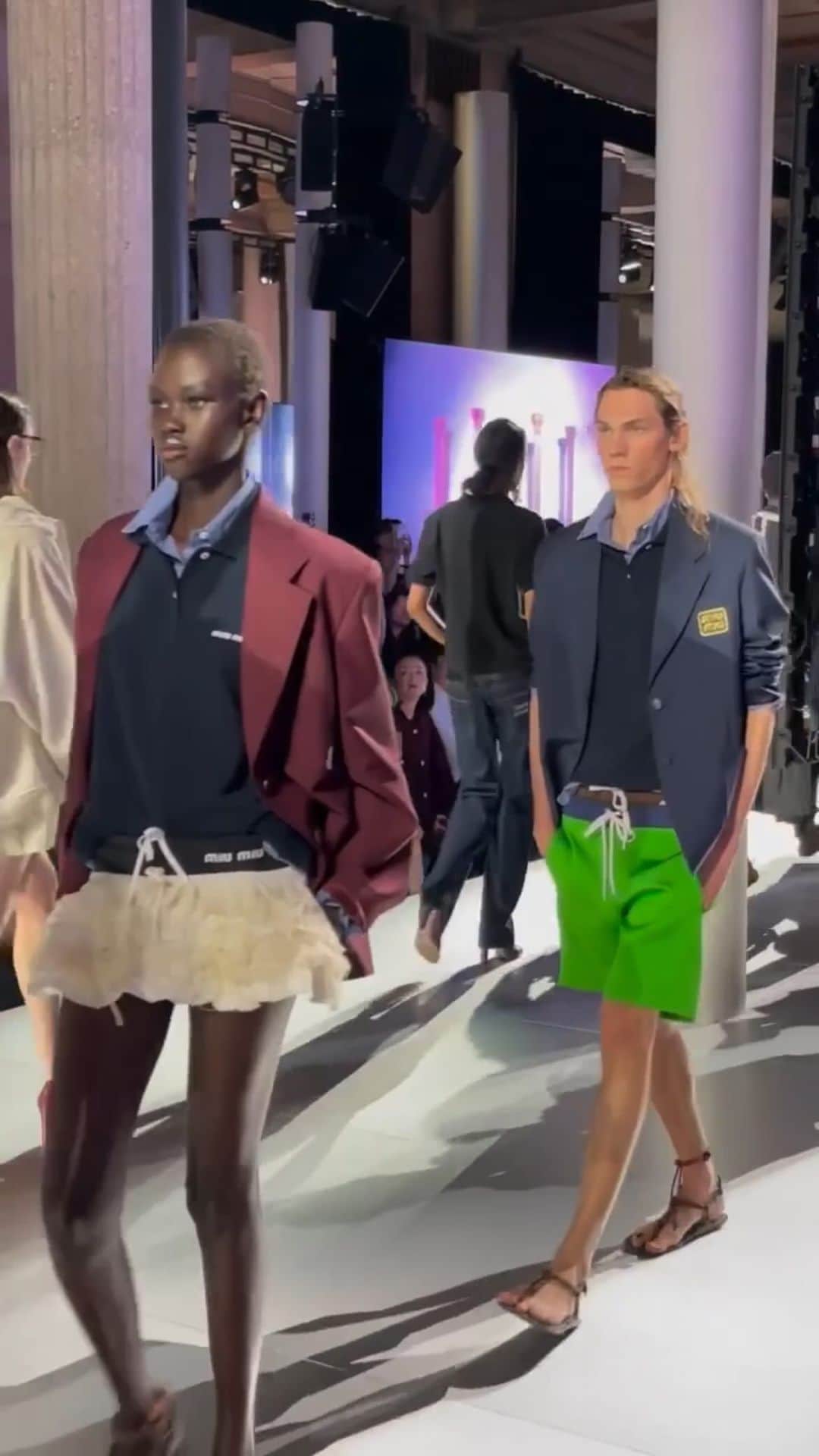 Fashion Weekのインスタグラム：「#MiuMiu’s sporty preppiness channeled a summer out east. It was all polos, upturned collars and relaxed blazers. Board shorts and miniskirts appeared throughout — that is, until looks became more structured, with bedazzled dresses and 90’s inspired kerchief tops, but leather.」