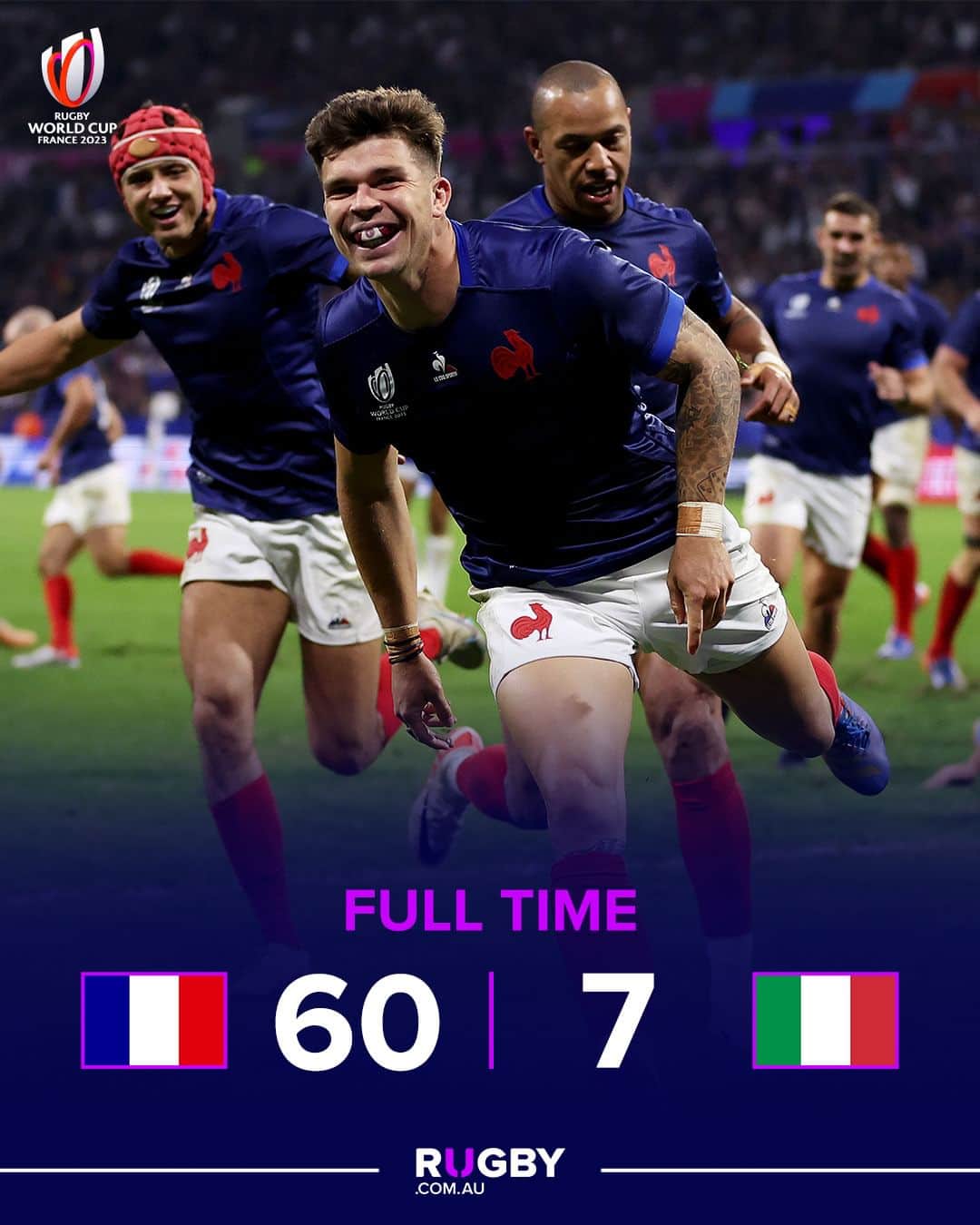 ラグビーオーストラリア代表のインスタグラム：「Big result overnight 📣  France has secured the top spot in Pool A and make a strong statement this morning against Italy 🇫🇷  #RWC2023」
