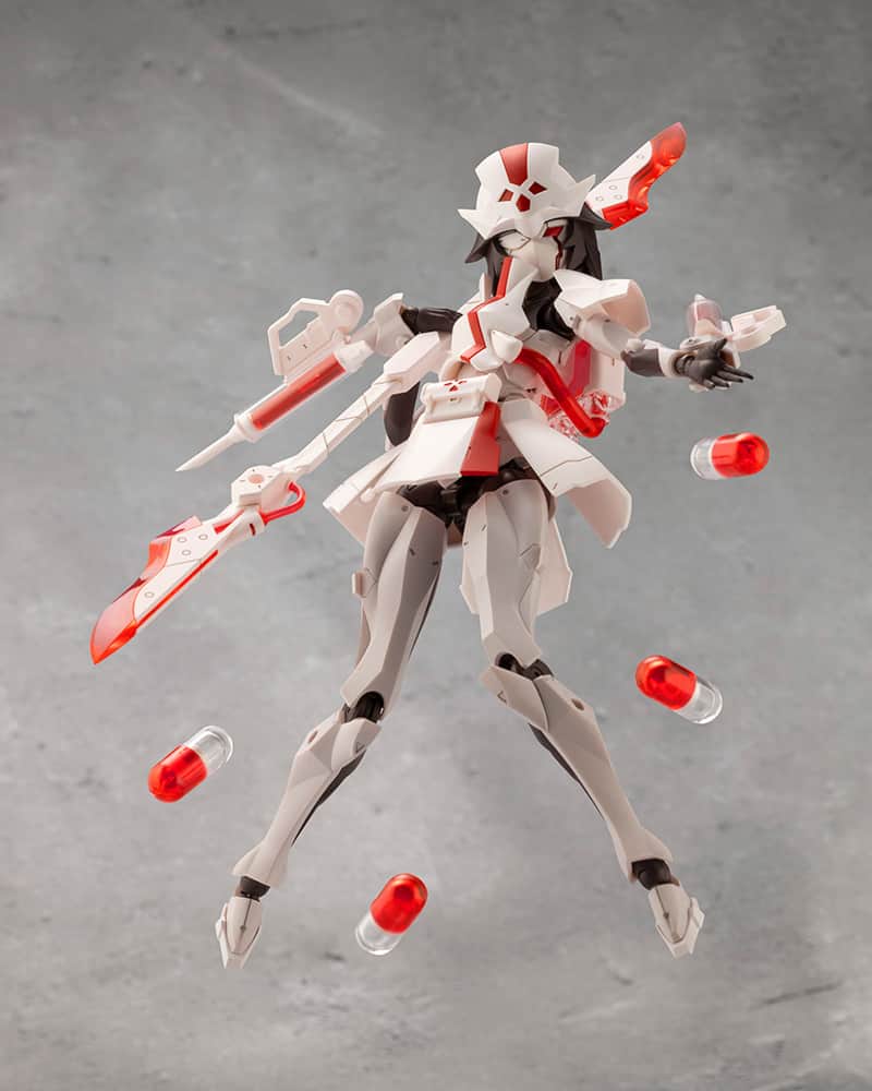 のインスタグラム：「RUBY EYE, the second character in the Megalomaria Unlimited Universe lineup, is based on the concept of the nurse outfit.  This is a deluxe item outfitted with the Metamorphose Unit, a set which contains various medical tool-themed items, including syringes, scalpels, capsules, and a blood pack.  The skirt armor connects using 3mm joints and can be freely adjusted to recreate action poses. It is partially compatible with the armor of the separately sold Principal.  Weapons: Includes two scalpel-like swords that are able to be connected to create a double-bladed sword. The injectors that attach to the forearm hard points can be removed and used as handheld weapons as well.  EXARMOR WHITE NURSE: The expansion armor skirt features a 3mm joint on each part and consists of six points of articulation.  The Lifeblood Tank, equipped to the back of the model, is based on a blood transfusion pack and has been beautifully molded with clear colorless and clear red plastic.   Articulation Features: This model shares the same base model as the first character, Principal, and features approximately 50 points of articulation throughout the body.   The shoulders are composed of multiple joints, and they can be pulled forward to recreate a crossed arms pose.   The torso part also has an excellent range of motion, allowing the model to be posed lying down. The neck can move in all directions, allowing for poses where the head is turned away.   The right and left hip joints can move independently in all four directions, allowing users to recreate stretching and split poses.   Three-point Wrist Joints:  The wrists are designed to bend inwards almost 180 degrees which allow the hard point to be brought forward.   Hands:  Seven types of hands are included and consist of hands designed for holding swords and guns as well as knife-hand strike hands and multiple open hands.  Compatibility of Heads and Masks:  The head features multiple layers that can be removed.  The visor has the same design as the bangs of Sousai Shojo Teien models, so it can be used interchangeably.  © KOTOBUKIYA   Available April 2024.」