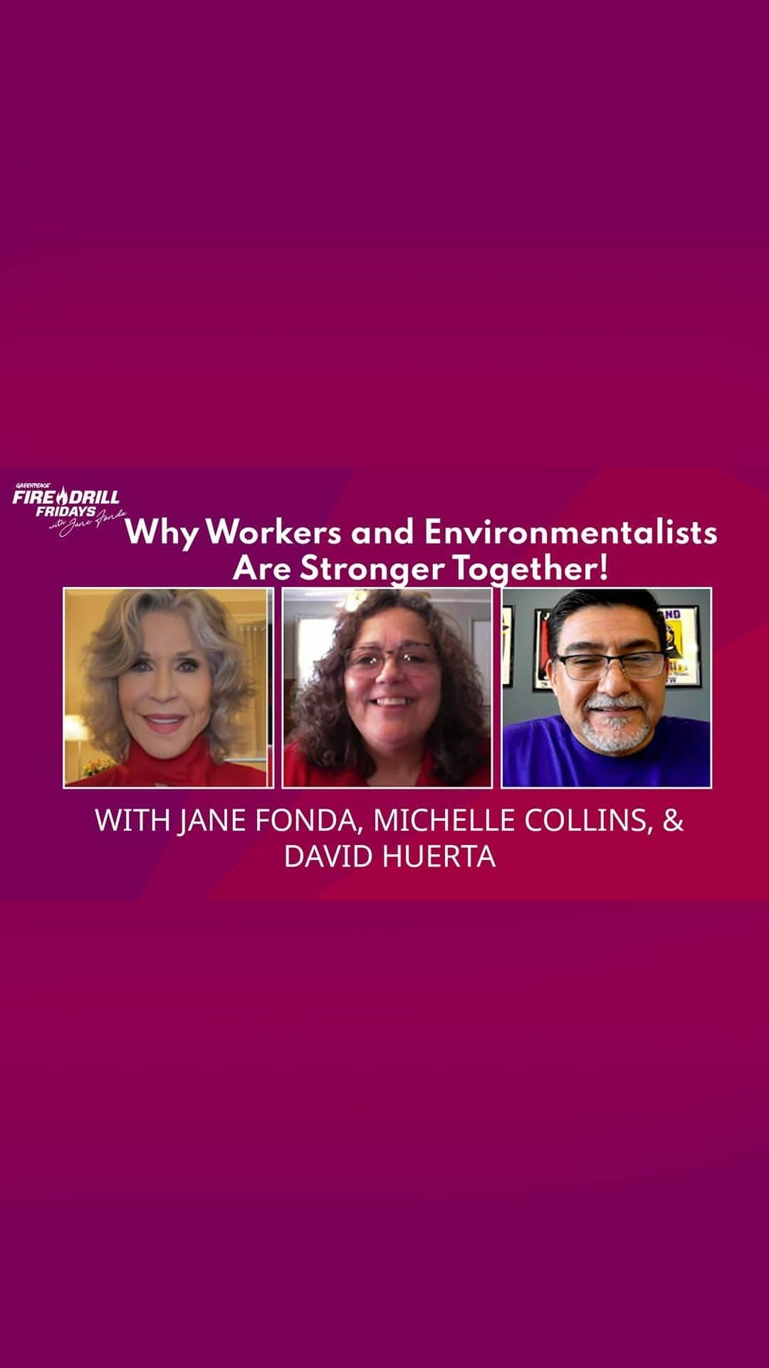 ジェーン・フォンダのインスタグラム：「It’s Fire Drill Friday! Today we’re talking about “Hot Labor Summer”!  Did you hear? Labor and climate movements are partnering to build power and win victories together, like with Assembly Bill 421 to curb corporate power in California politics and the united auto workers who are on strike nationwide for a fair contract and a just transition as we make the shift to EVs.  Jane Fonda (actor and activist), David Huerta (President, SEIU United Service Workers West) and Michelle Collins (Skilled Trades Delegate, United Auto Workers Local 977) engage in a timely discussion about how workers today are engaged in historic fights for justice and how we can build bigger, stronger, collective movement power towards the just and equitable future we all deserve.  Check out the full Fire Drill Fridays Live show on youtube.com/greenpeaceusa.  #FireDrillFridays #GreenpeaceUSA #Climate #ClimateCrisis #ClimateEmergency #Labor #Workers @janefonda @firedrillfriday @greenpeaceusa @seiu_usww」