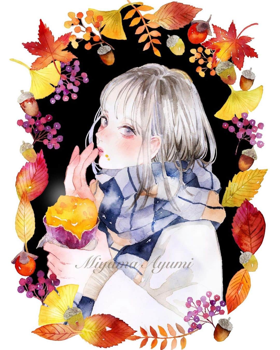 miya(ミヤマアユミ)のインスタグラム：「焼き芋🍁🍂🍠  今年もお芋の美味しさに感動してThreadsに過去絵を引っ張ってきたのですが好評だったのでこちらにも🍠  これはWeb ShopのThank youカードver.でした。  マイメリブルーのイントロセットを使ってみたくて描いた絵です🎨 紙はボッキングフォード水彩紙です。  #artwork #watercolor #水彩 #透明水彩 #art #illust #illustration #draw #illustrator #イラスト #イラストレーター #手描き #手書き #アナログ #アナログイラスト #miyamaayumi #マイメリブルー #maruman #秋 #autumn #焼き芋 #ボッキングフォード」