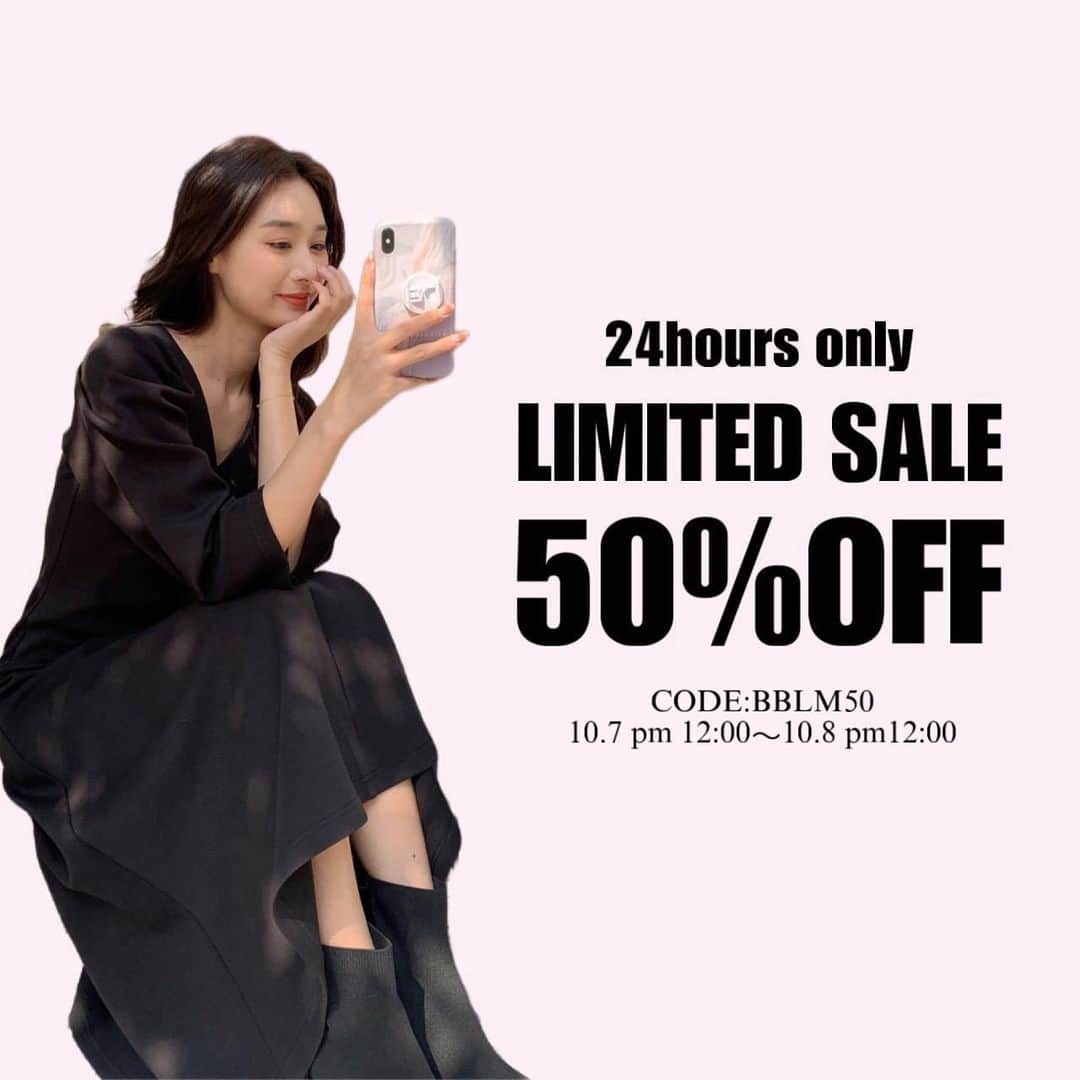のインスタグラム：「BB子ちゃんたちへ週末のご褒美に😎 24時間だけのspecial sale開催中!!!!  定番item,秋itemもたっぷり50%OFF SALE!!!  大人気item多数のため、どうぞお早めに😎🔥🍂  《開催日時》10/7 pm12:00〜10/8 pm12:00 《CODE》BBLM50 ※決済時必ずクーポン反映ご確認下さい。」