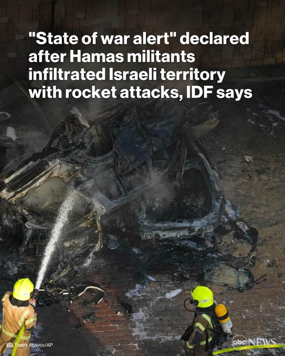 ABC Newsのインスタグラム：「Palestinian militants in the Gaza Strip carried out an unprecedented infiltration into southern Israel and fired thousands of rockets into the country, the Israeli military confirmed. The IDF ordered residents to remain indoors as the ruling Hamas militant group announced the beginning of a new operation.  “The military declares a state of war alert,” it said in a statement. “In the last hour, the Hamas terrorist organization had begun a massive shooting of rockets from the Gaza Strip into Israeli territory, and terrorists infiltrated into Israeli territory in a number of different locations.”  Tap link in bio for the latest.」