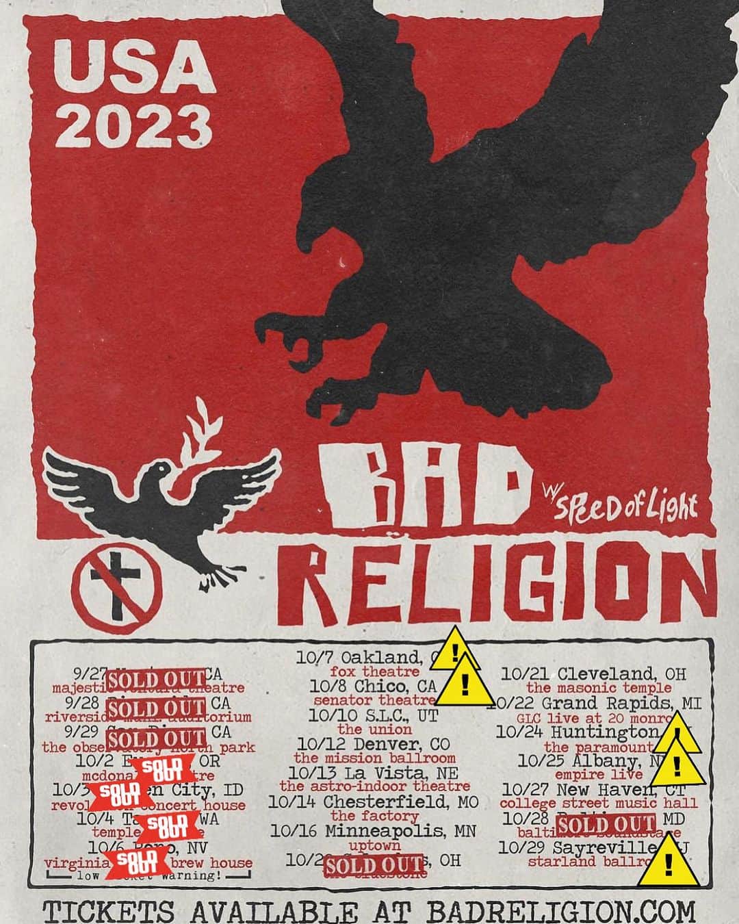 Bad Religionのインスタグラム：「A huge thank you to everyone who has come out thus far! Remember to come early to see @speedoflightband 🔥 Tickets available at badreligion.com #comejoinus」