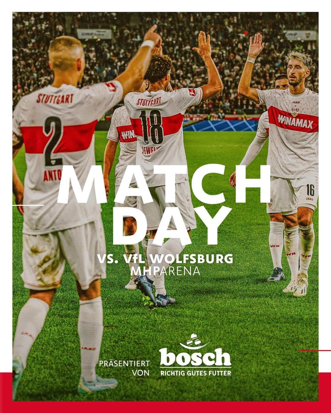 VfBシュトゥットガルトのインスタグラム：「🔥 M A T C H D A Y! 🔥 SWIPE ▶ Endlich wieder Heimspiel!! 😍💯 Zusammen alles geben! 💪⚪🔴 🔜 #VfBWOB | ⏰🗓 15:30 Uhr  _ [Anzeige] @boschpetfood | #VfB #bundesliga #matchday #heimspiel #stuttgart #furchtlosundtreu #vfbstuttgart #vfbstuttgart1893 #VfBInsta」