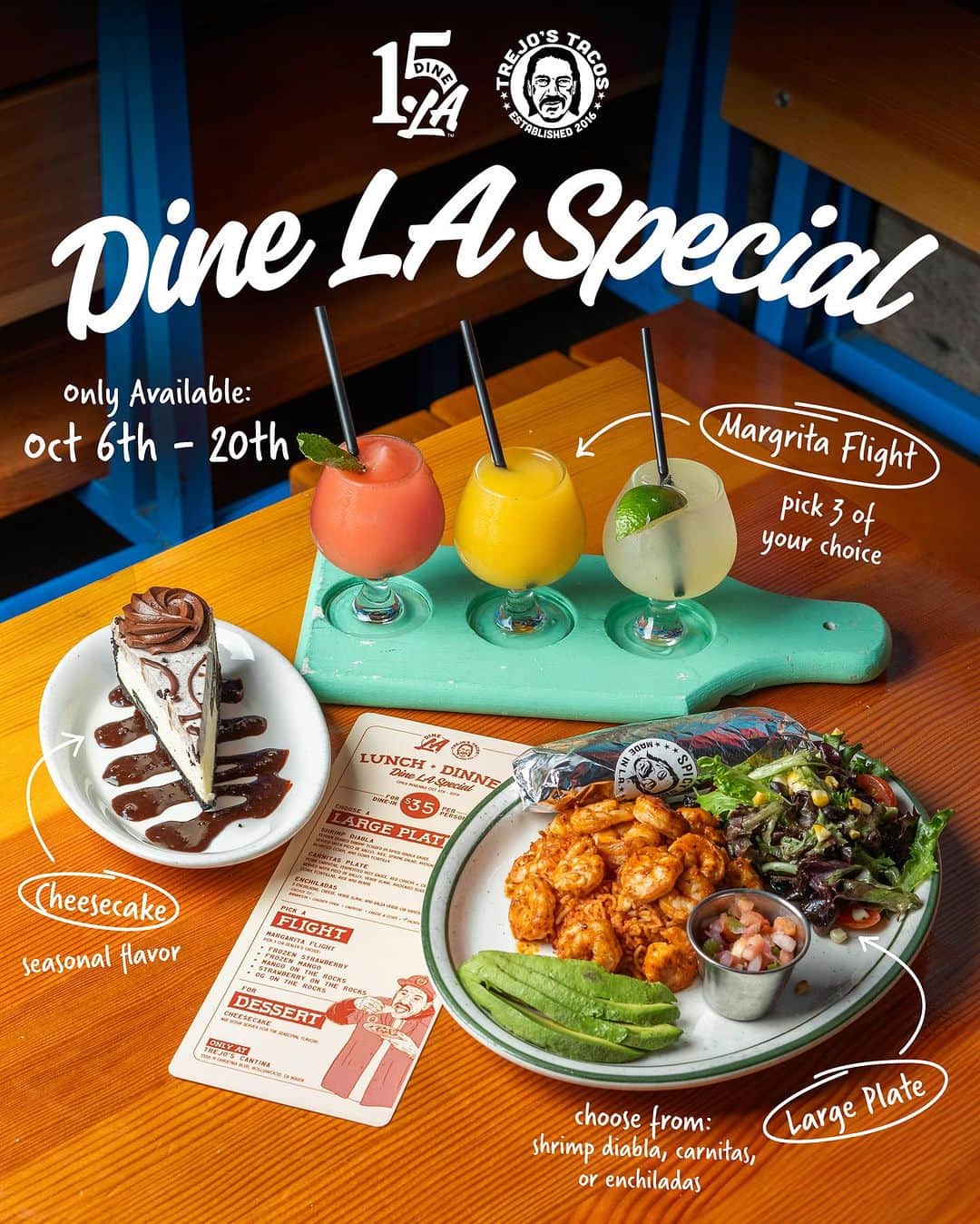 ダニー・トレホのインスタグラム：「DineLA is back for Fall! Starting this weekend marks the 15-year anniversary and we’re honoring our favorite menu for 15 days from October 6-20.   $35 Per Person   🍽️Choose a Large Plate   - Shrimp Diabla  - Carnitas Plate  - Enchiladas   🍹Pick a Margarita Flight  🍰Seasonal Cheesecake for Dessert   Only at @trejostacos Hollywood Cantina!  📍1556 N Cahuenga Blvd, Los Angeles CA 90028  #trejostacos #trejosdonuts #trejoscoffeeanddonuts #trejoscantina #trejoscerveza #dannytrejo #losangeles #tacos #bowls #burritobowl #happyhour #margaritas #tacos #softserve」