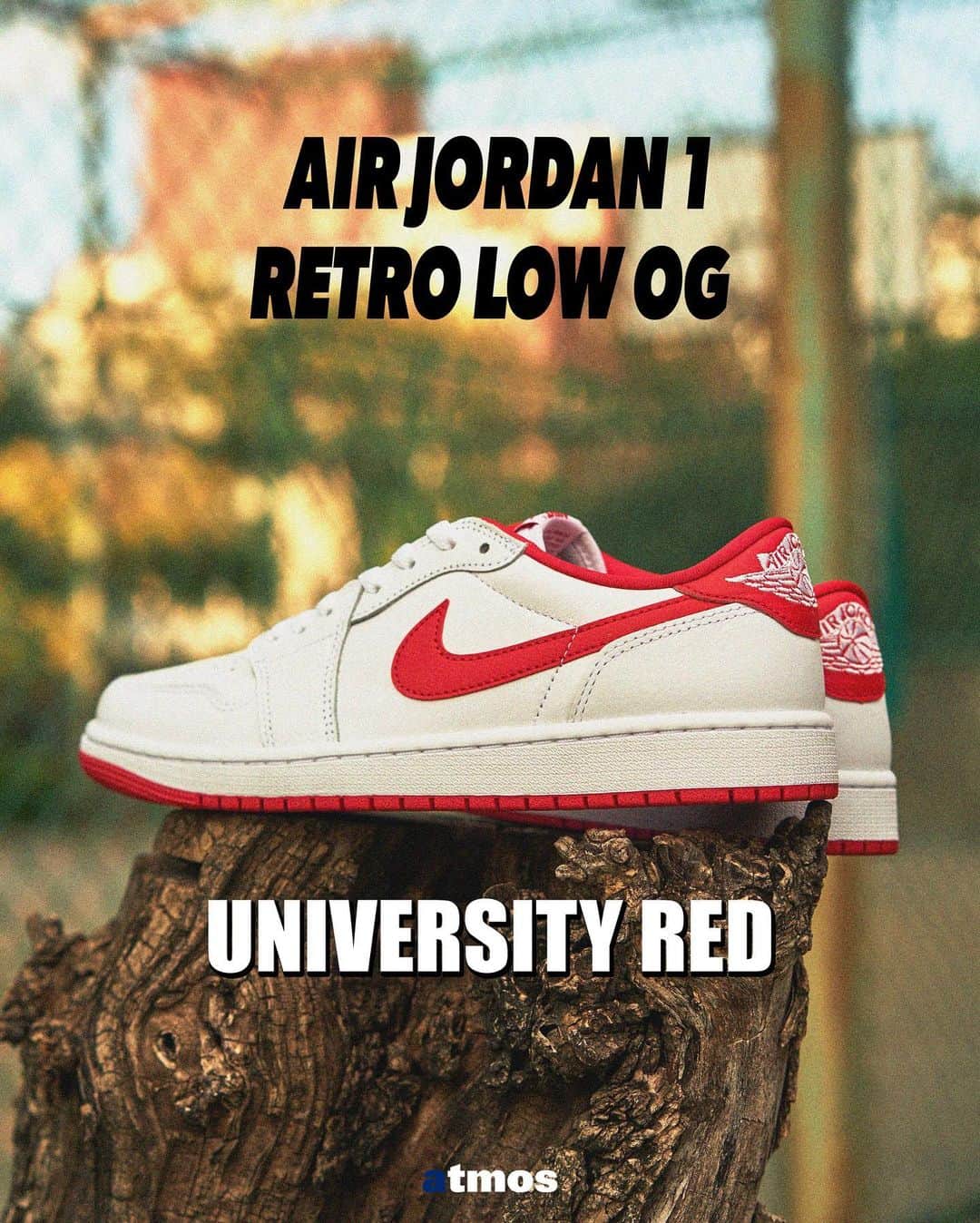 のインスタグラム：「. JORDAN BRANDよりUNIVERSITY REDを纏ったAIR JORDAN 1 RETRO LOW OGが登場。  色褪せないアイコン。 AIR JORDAN 1 LOW OGは、新しいカラーとテクスチャーを採用し、クラシックなスニーカーをリメイクした一足。 上質な素材とアクセントが、往年の名品に新鮮な印象を与えます。  本商品は現在atmos-tokyo.comにて抽選受付中。10月14日(土)よりatmos各店(一部店舗を除く)、atmos オンラインにて発売致します。  AIR JORDAN 1 RETRO LOW OG in UNIVERSITY RED from JORDAN BRAND.  An icon that will never fade away. The AIR JORDAN 1 LOW OG is a remake of the classic sneaker with new colors and textures. High-quality materials and accents give a fresh look to a classic of yesteryear.  This product is currently available for lottery orders at atmos-tokyo.com, and will be available at atmos stores (excluding some stores) and atmos online from October 14 (Sat).  #atmos #jordan #jordan1 #aj1low」