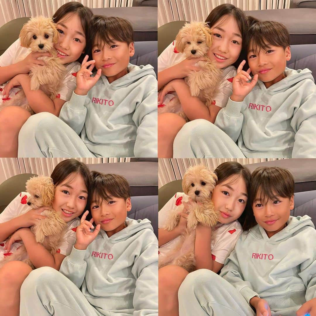 かなのインスタグラム：「． 力翔8歳最後の日❤︎ 全員いいお顔はなかなか難しいわ🤭 ． 今日2人とも一日中外にいたら チークしてるかのような日焼けしてる☺️ ． 9年前の今頃、ママはお腹痛くなってた？病院にいた？🤰 そんな会話をしながら 杏奈は明日の飾り付けを手伝ってくれたり🎈 力翔はプレゼントのLEGO🎁を楽しみに寝たよ❤︎ ． ． #バイバイ#8歳#小学生#娘#息子#マルプー#kidsphotography#maltipoo」