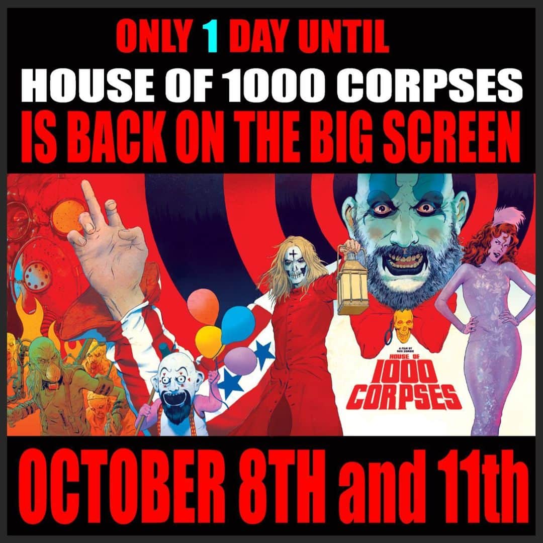 ロブ・ゾンビのインスタグラム：「Tomorrow is the big night! After 20 years HOUSE OF 1000 CORPSES is back for 2 special nights! 🎃 Get your tickets now at fathomevents.com 🎃 #robzombie #houseof1000corpses」