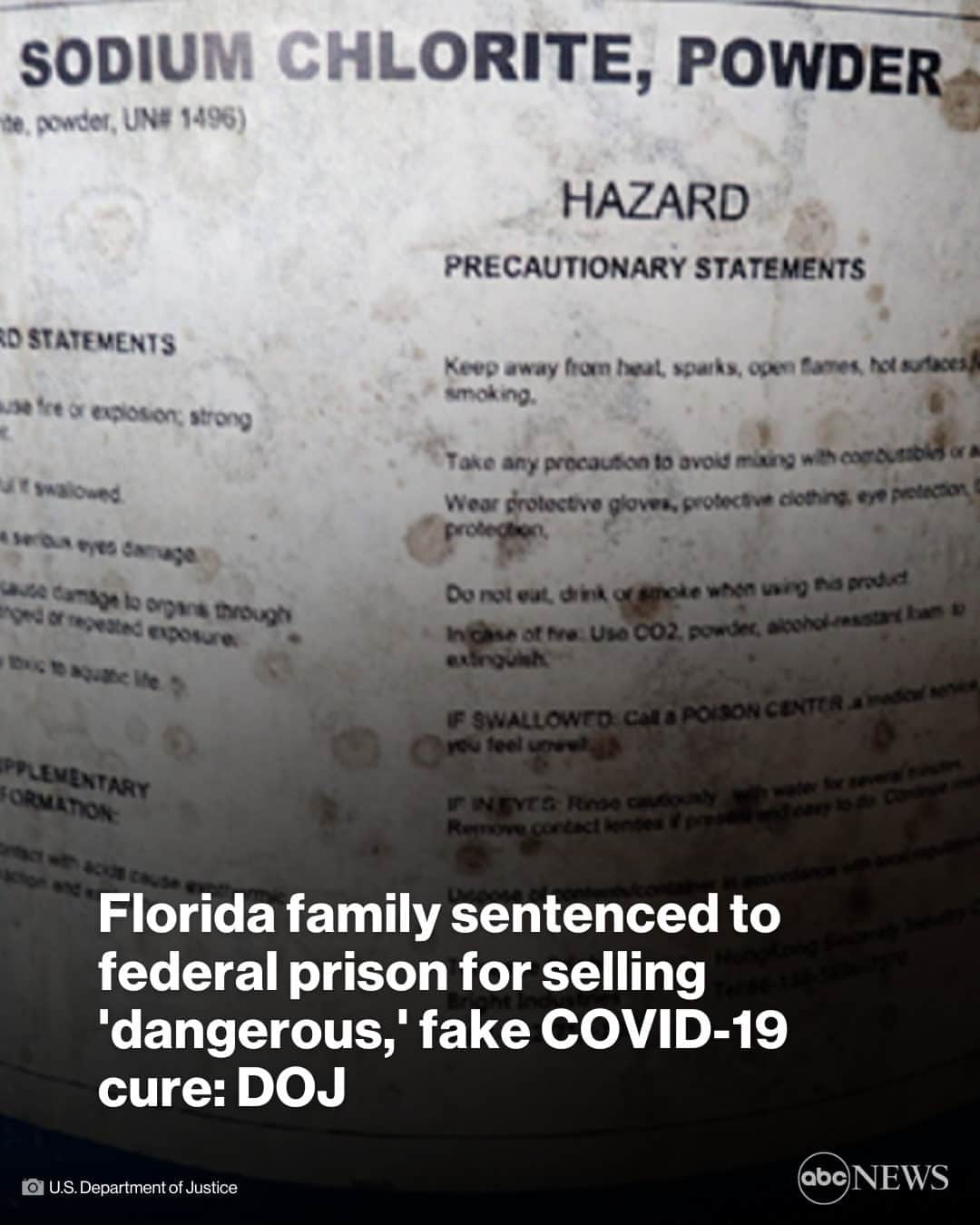 ABC Newsのインスタグラム：「Members of a Florida family who claimed they had a "miracle" cure for COVID-19 that contained a toxic bleach were sentenced to federal prison, the Department of Justice says.  Tap link in bio for more.」