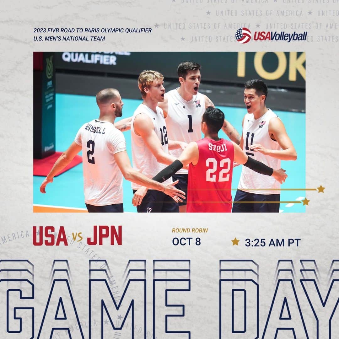 USA Volleyballのインスタグラム：「Olympic bid secured... but we still have one more match to play!  The U.S. Men 🇺🇸 take on host country Japan 🇯🇵 at 3:25 a.m. PT on Sunday at the FIVB Road to Paris Olympic Qualifier in Tokyo.  Watch live or on demand at VolleyballWorld.tv」