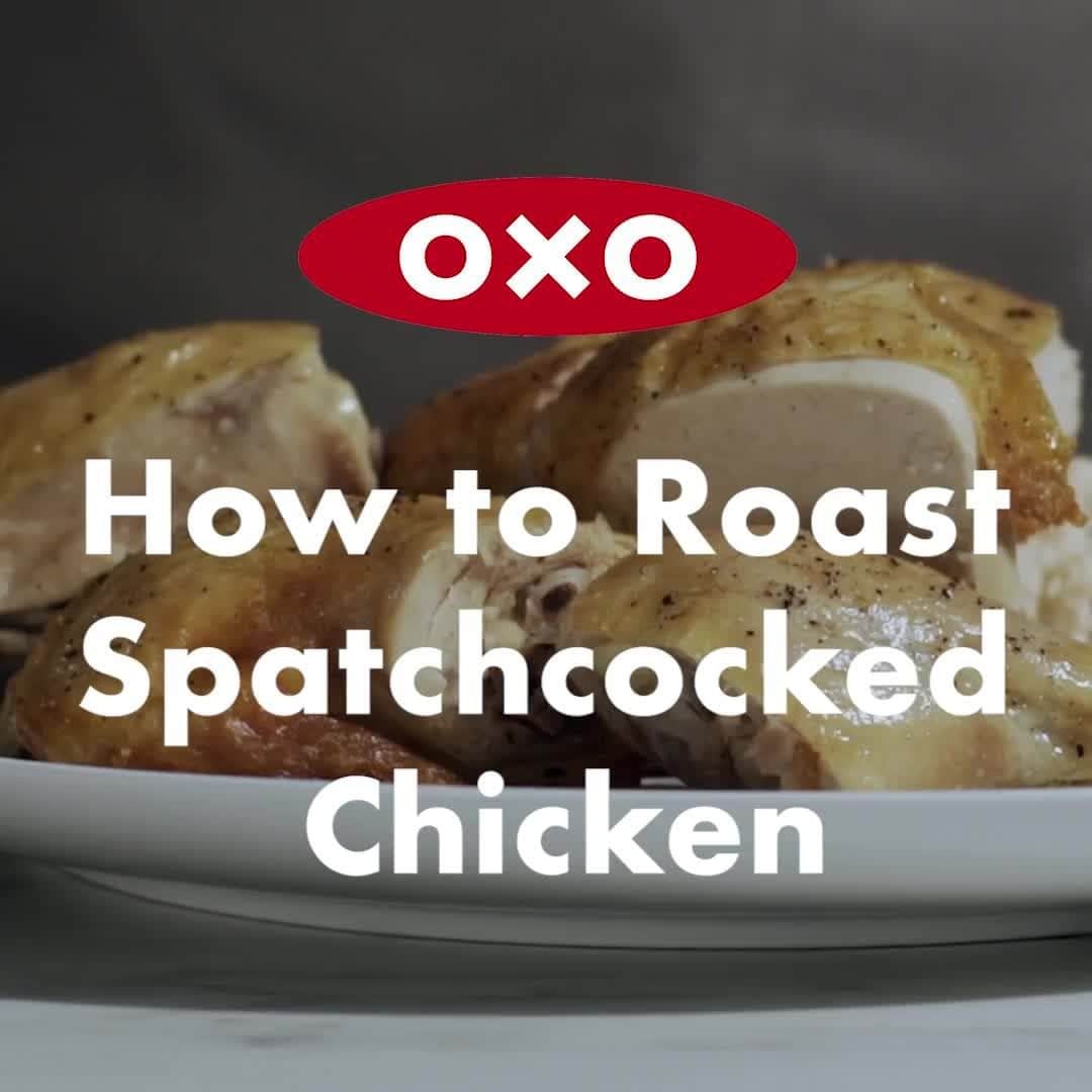 OXOのインスタグラム：「Ready to master the art of spatchcocking a chicken? Spatchcocking your chicken allows for more even and faster cooking, easier carving, and crispier skin. Follow this easy step-by-step guide and wow your dinner guests (and yourself) with a juicy and delicious chicken dinner. #OXOBetter」