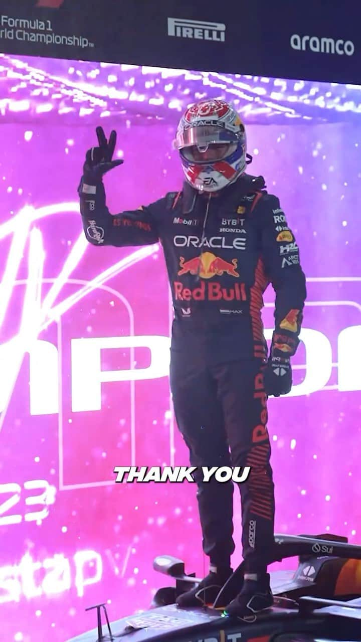 マックス・フェルスタッペンのインスタグラム：「THREE TIME WORLD CHAMPION  2021 🏆 2022 🏆 2023 🏆  #F1 #RedBullRacing #Trebull」