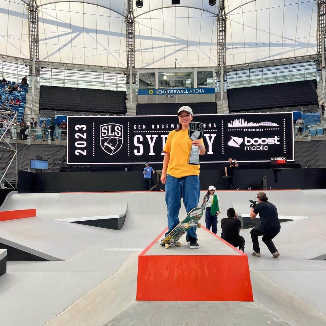 西矢椛のインスタグラム：「SLSで3位になることができました🥉 応援ありがとうございました！ ランから決めたい技を決めれなかったので悔しかったです 次はバチバチに決めれるように頑張ります！ これからも応援よろしくお願いします！  Thank you @sls   Congrats 🥇 @chlo_the_flo  🥈 @rayssalealsk8」
