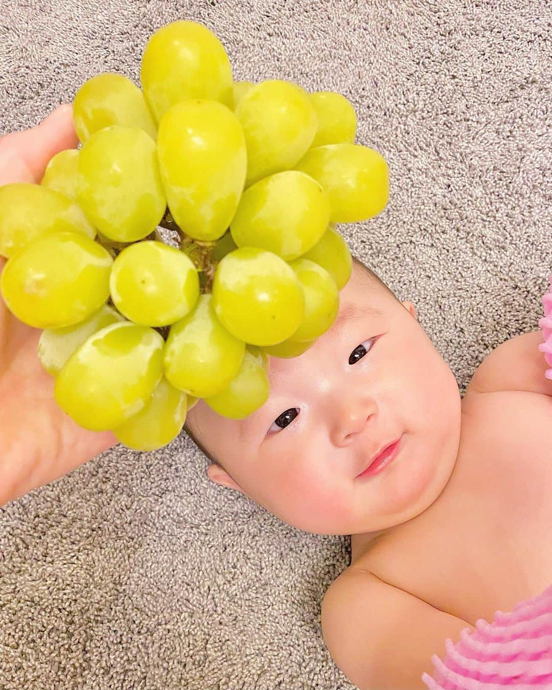 夕霧らいさんのインスタグラム写真 - (夕霧らいInstagram)「ベビーフルーツ🍇 シャインマスカットでアフロとドレスに👗🧑‍🦱 最近ハイハイをするようになったので、このムチムチ感も後少しで引き締まってしまうと思うと、ちょっと寂しい🤏 フルーツアートもそろそろネタ切れになりそうです☺️ . This fruit was very sweet and delicious. I'm looking forward to autumn fruits from now on. . . #赤ちゃんアート #フルーツアート  #ベビーコーデ  #シャインマスカット #マスカットアフロ #マスカットドレス #フルーツキャップ #8ヶ月ベビー  #女の子ベビー  #食べちゃいたいくらい可愛い  #byパパ  #親バカ部」10月8日 10時32分 - 88rairai88