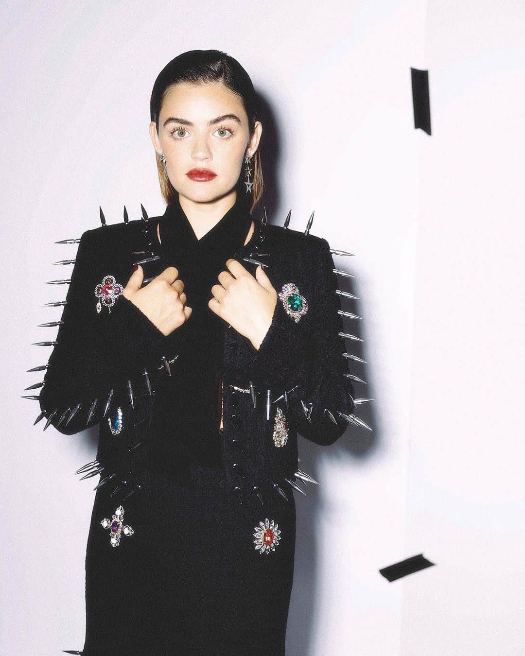 Moschinoのインスタグラム：「Punk up your life. @lucyhale has a point to make in our couture boucle suit with studs and jewels for the October issue of @contentmodemagazine.   Photographer @tylerpatrickkenny  Creative Director & Fashion Editor @deborahfergusonstylist   #MoschinoEditorials #moschinomuses」